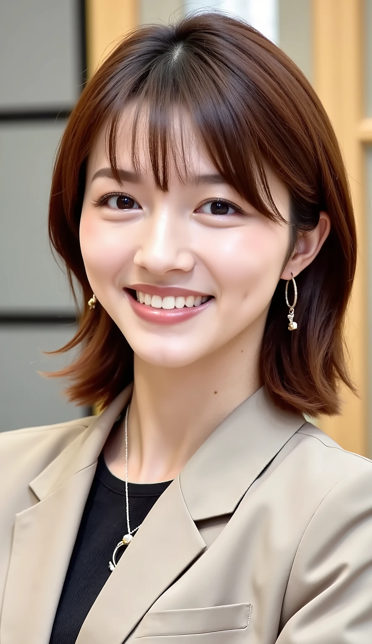 Neat Young Woman、and look at the camera、office lady suit、jacket、shirt、ネックレス、、ear piercing、黒に近い茶髪、smile showing teeth、背景はオフィス
