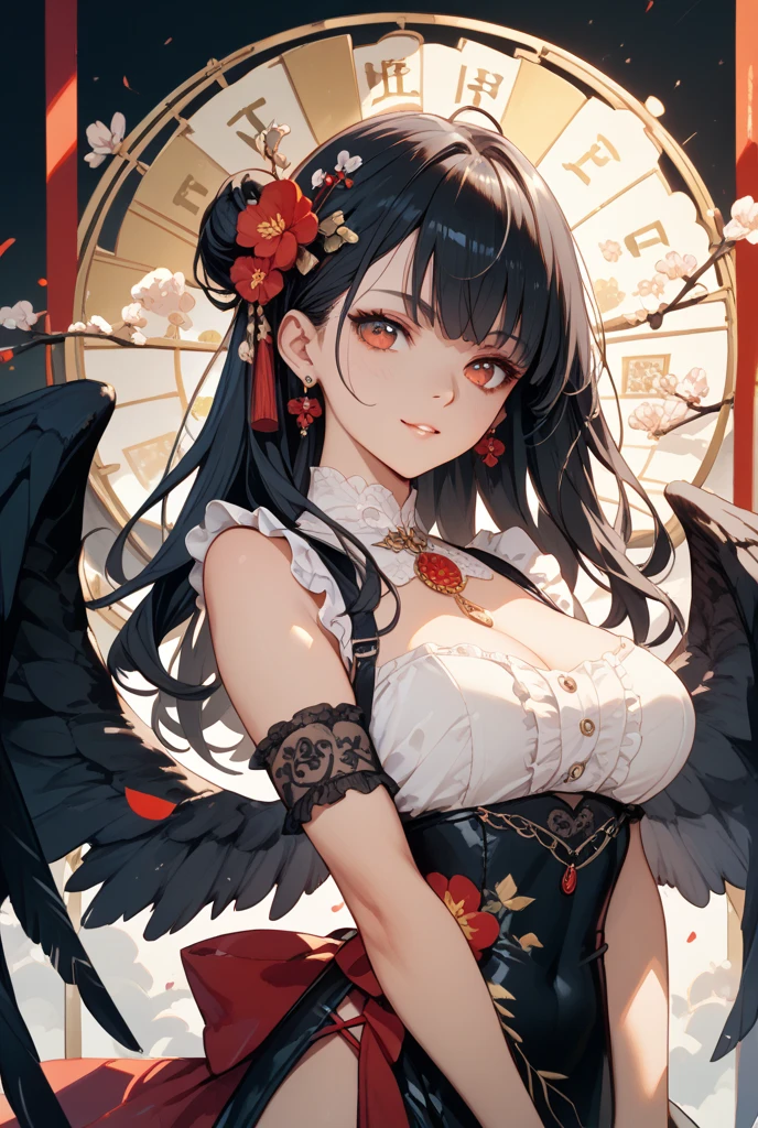 black、White、Blue and Red,(best quality, Extremely detailed, high resolution, Extremely detailed的 CG),Angel,She is beautiful,Black Trench Coat, (Big Breasts 1.2), Curvy beauty, (Mature woman)