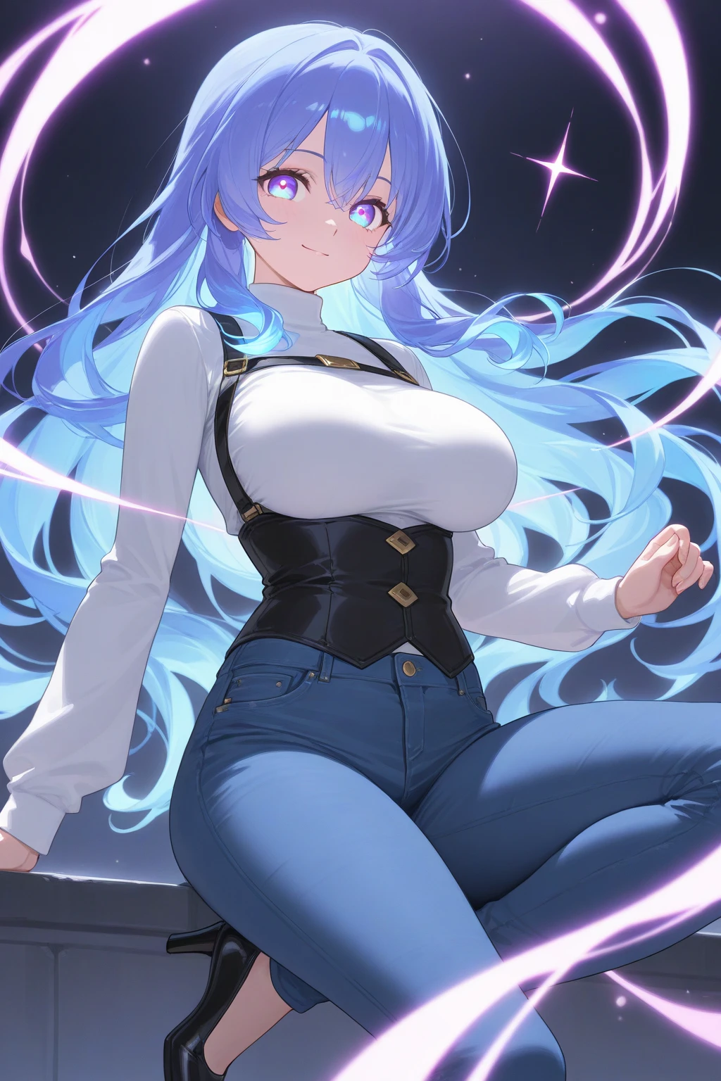 woman, ((female face)), happy, ((smiling, open mouth)), ((light lilac eyes)), nose, ((giant lilac hair)), ((fringe)), ((hair details) ), ((light effects on hair)), ((sweatshirt)), ((tights)), ((lights effect on clothes)), ((body lights effect)), neck, Shoulders, (( big chest)), arms, ((thick legs)), ((big thigh))
