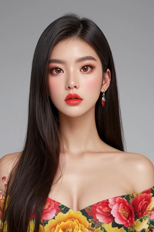 1952, ((1 Korean female)), Large Breasts, Stunningly beautiful, Exquisite facial features, Porcelain skin, Expressive eyes, Black Hair, Red lips, Sexy, Attractive pin-up girl in a red dress with large polka dots, Beautiful hairstyle, Blow a Kiss, Slim waist, Large Breasts, Juicy lips, Professional photos, Reality, White background