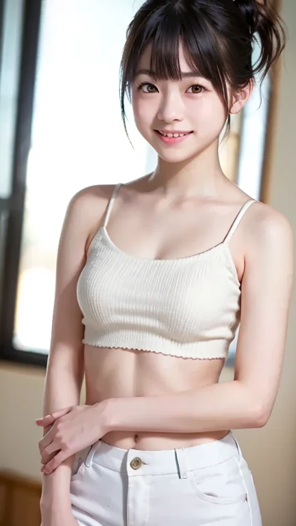 (((best quality))),(((ultra detailed))),(((masterpiece))),illustration,1girl,solo,tonogui,short ponytail,slim,thin,small breasts,flat chest,strapless white tank top,navel,maxi navy-blue kendo hakama,standing in kendo gym,(holding a bokuto:1.3),arms behind back,focused and determined expression,ready for challenge,slender and elegant face,confident and resilient,fair skin,blush,neat teeth,bright smile,clean and tidy uniform,wooden gym floor,wall,pine scent,standard grip,ready to slice through obstacles,strong belief,determination,spirit of resilience,admiring,from front,upper body,