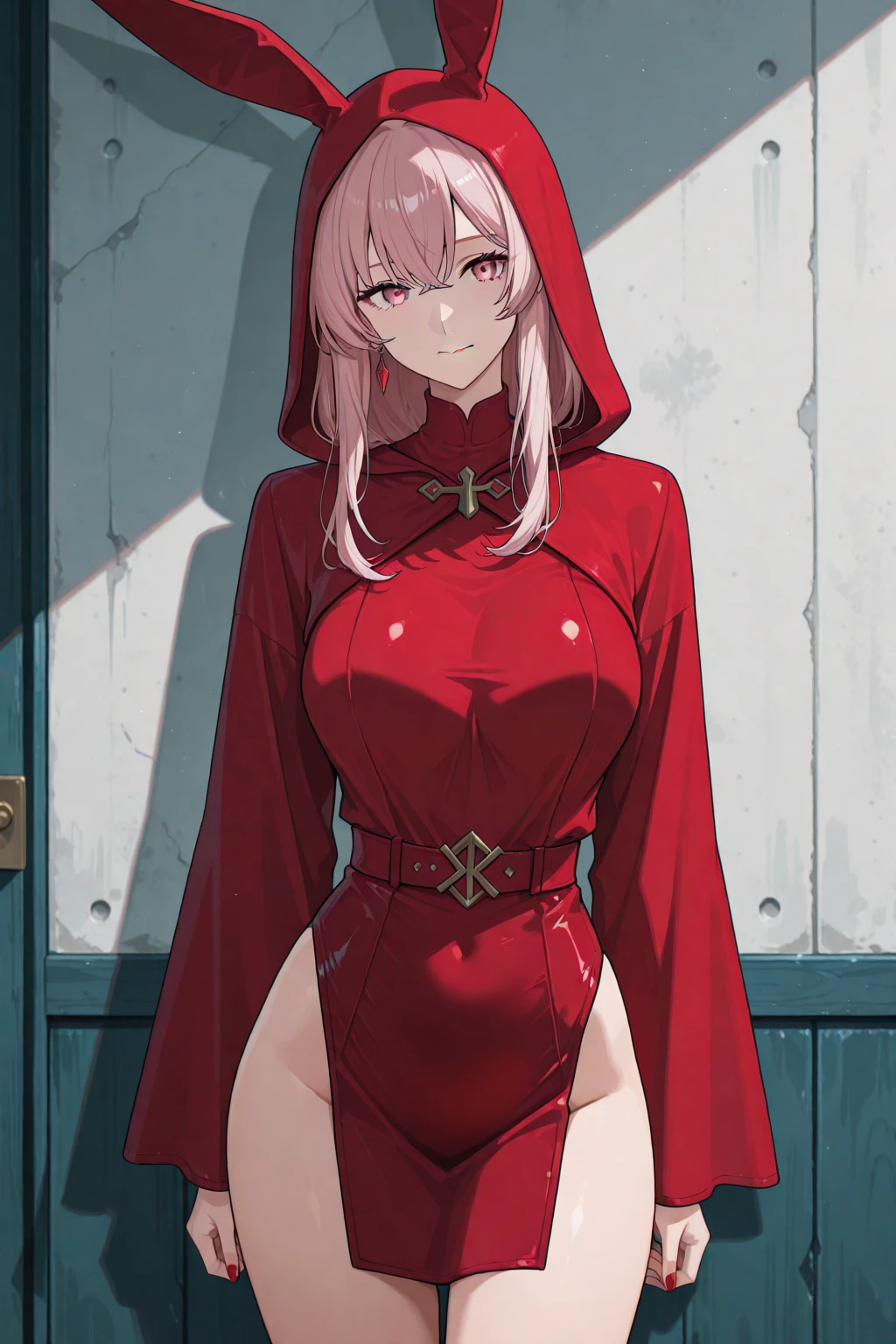 masterpiece, best quality, ultra-high-detailed, 1girl, naked cloak, makima \(chainsaw man\), red hair, long braided hair, golden eyes, bangs,