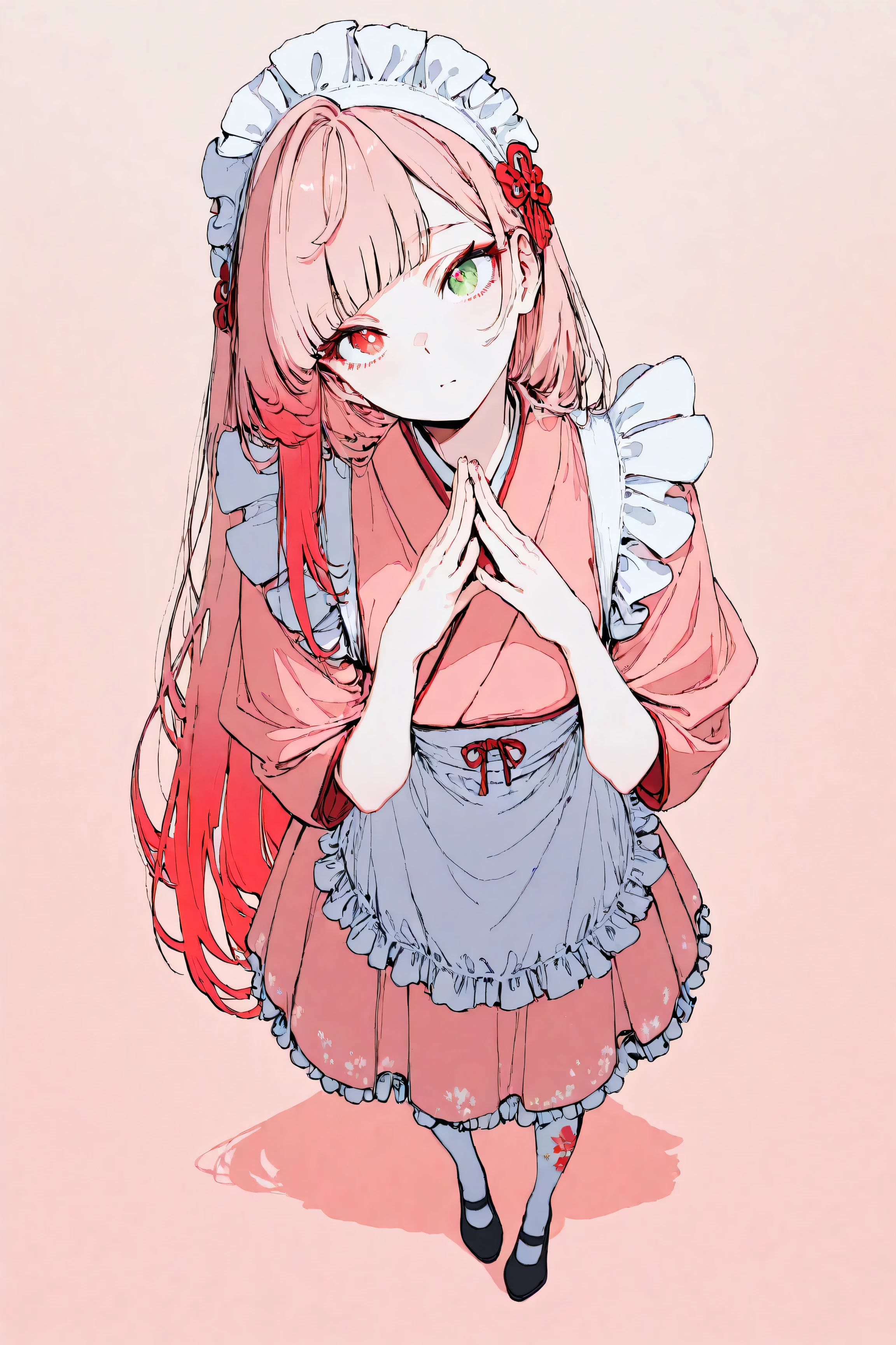 1girl, solo, Full Body, free pose, very long hair, gradient hair, Pink Hair, mullet, symbol-shaped pupils, green eyes, Red Eyes, mismatched pupils, longeyelashes, beautiful skin, Japanese clothing, pink kimono, maid, White apron, frills dress, Tall, character design, Surrealism, drop shadow, anaglyph, stereogram, tachi-e, pov, atmospheric perspective, UHD, retina, masterpiece, accurate, anatomically correct, textured skin, super detail, high details, high quality, award winning, best quality, highres