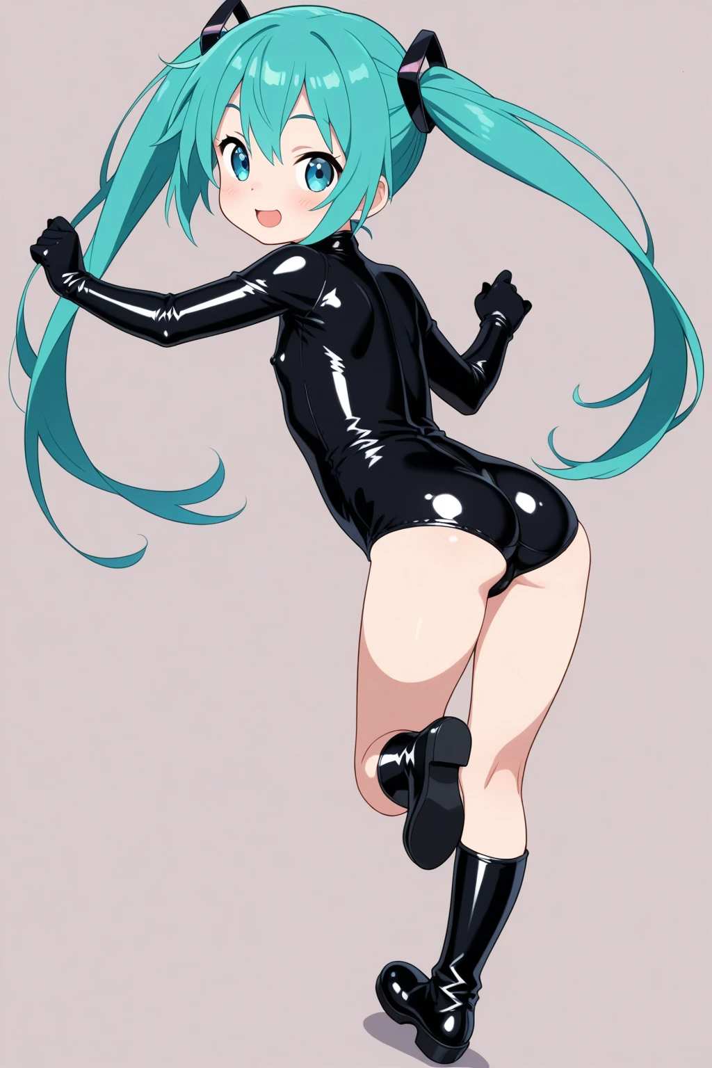 One woman, (masterpiece:1.3), (High resolution), (8k), (Very detailed), (4K), (Pixiv), Perfect Face, Beautiful eyes and face, (highest quality), (Very detailed), Detailed face and eyes, (alone), Textured skin, Absurd, High resolution, death, Long Hair, sleep earrings, Small breasts,, Aqua Eye, Latex leotard, bathroom,　Crouching pose,　Open your knees to the left and right,　Puddle at your feet,　Vinyl Stockings,Side twin tail,　Silver Hair,　High heels,　Elf,　Gloss,　Front facing,　Spread your legs,　Gloss,　
