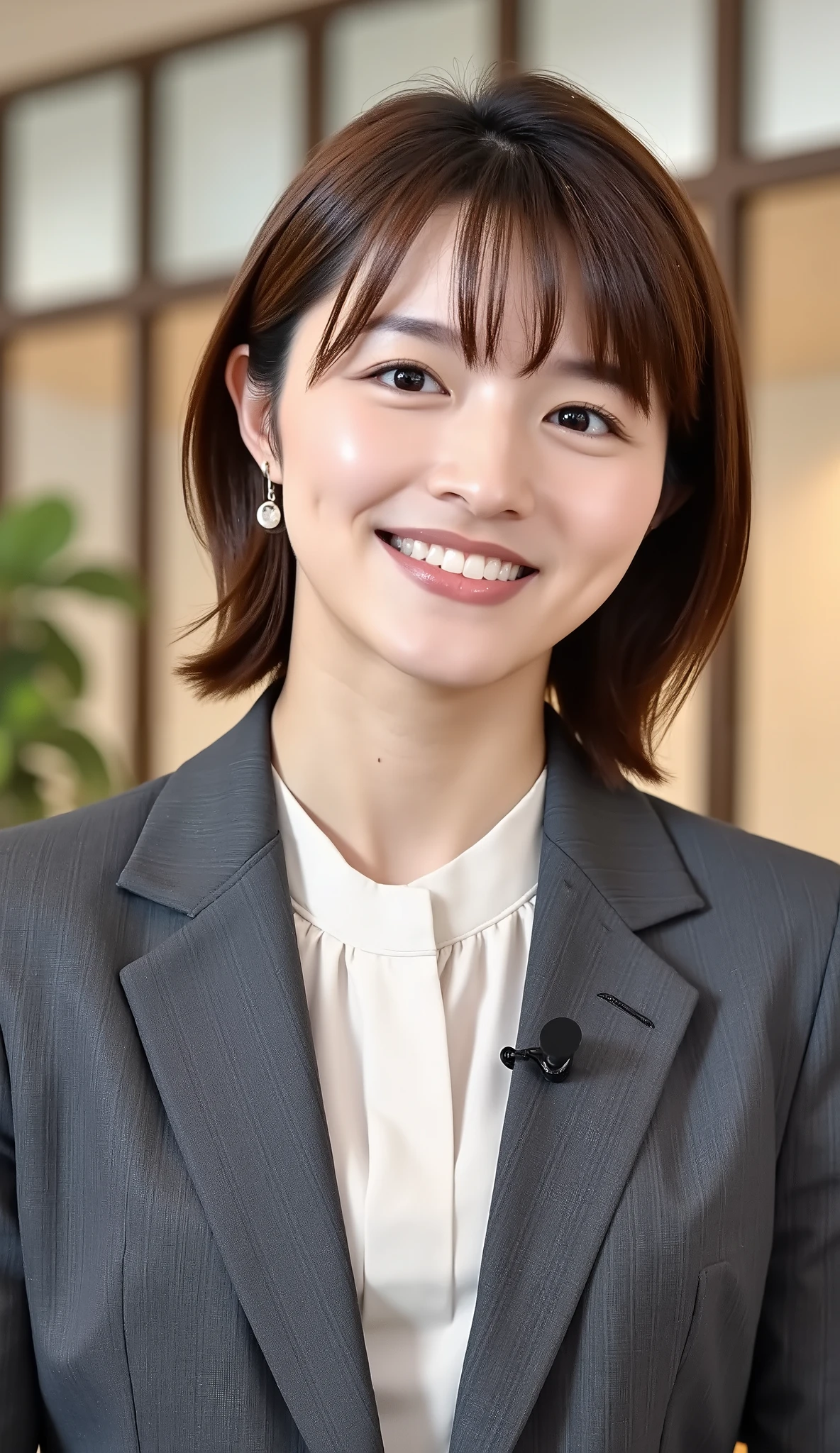 Neat Young Woman、and look at the camera、office lady suit、jacket、shirt、ネックレス、、ear piercing、、smile showing teeth、背景はオフィス