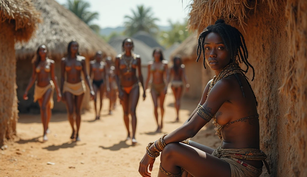 Five half-naked African slave women tied with wrought iron rope and chains, descendant un escalier, grandes souffrance, tristesse dans les yeux, corps entier nu, no clothe, pas de coiffe, cheveux noirs, Dynamic scene from the movie Amistad, looking at the 50mm camera, Realistic photo HD, Diffuse light, Rebel Republic Environment, hyper detailed, Whole size