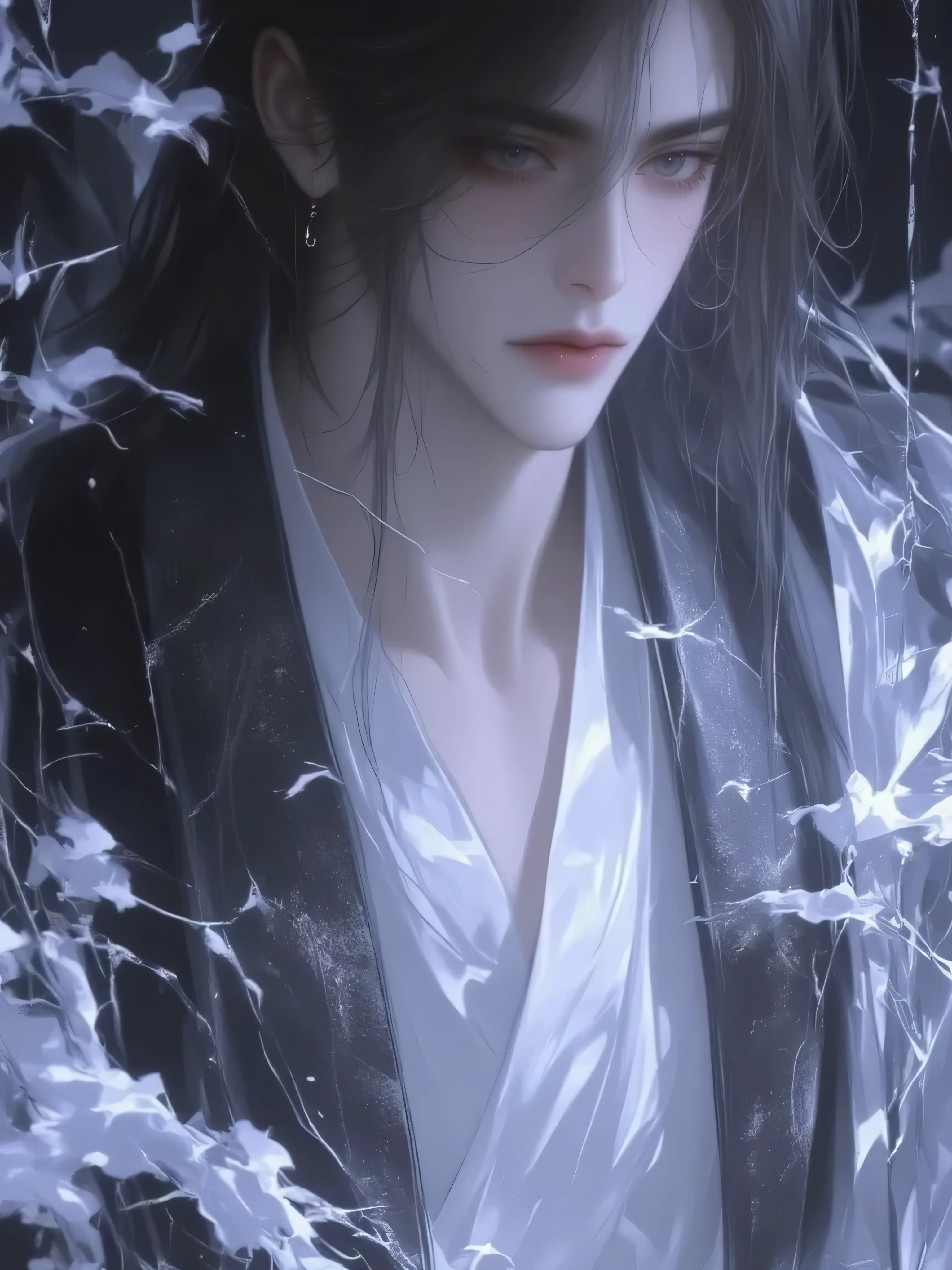 a handsome man with long hair antique black hair,a handsome man with long hair, an ancient brunette in a fairy-looking white Hanfu, traditional Chinese clothing , Double eyelids,Japanese Manga Style,The throat is obvious