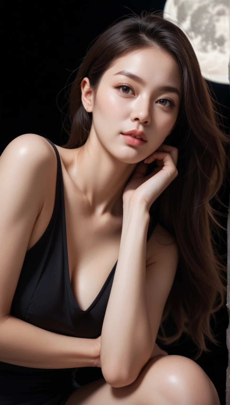 ((Highest quality, 8K, Tabletop)), Beautiful woman with perfect body, Slim abdomen, Black long dress, whole body, (length), (Straight Hair), Highly detailed face and skin texture, Fine grain, double eyelid