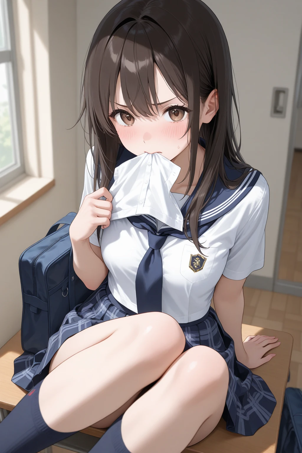 (((masterpiece, Highest quality, High resolution, 超High resolution, Pixel perfect, Written boundary depth, 4K, About RTTX10.0))), Beautiful Anime Women, Beautiful art style, Anime characters, ((Smooth texture, Realistic texture, Anime CG Style)), Exact finger count、Exact number of legs、(Exact number of arms:1.0, Exact number of hands:1.0), (Perfect hands, Perfect Anatomy), Cinematic, Realistic, Highly detailed CG, Daytime lighting, Perfect lighting, Best Shadow, The best natural light, whole body, Perfect body, (Slender body:1.2), whole body, ((bangs, Dark brown hair, Bobcut)), ((One woman is kneeling, looking up and gazing open-mouthed., sleep:1.4)), ((Beautiful eyelashes)), ((Detailed face, Blushing:1.2)), ((Beautiful and large breasts)), (Amazingly beautiful girl), (School classroom:1.3), (Fashionable white shirt, Sailor collar, Navy blue sailor suit, Knee-high socks, Navy pleated mini skirt:1.3), (Open your mouth wide:1.5), ((close your eyes:1)), ((cute, Sighing expression)), Breathe with your shoulders, sexual pleasure expression, Holding in pee、Patience is the limit、On the brink of climax, (Perfect Anatomy, Perfect number of arms, Perfect hands)、(cum on face, cumin mouth:1.7), Look up, A &#39;Phew&#39; sound, Surprised expression, Angle from above right, (My face is covered in sticky white liquid:1.4)