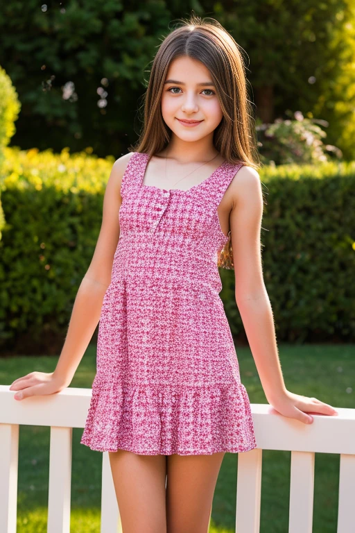 7 year old girl, brown hair, wearing a cute dress, heels, in a park