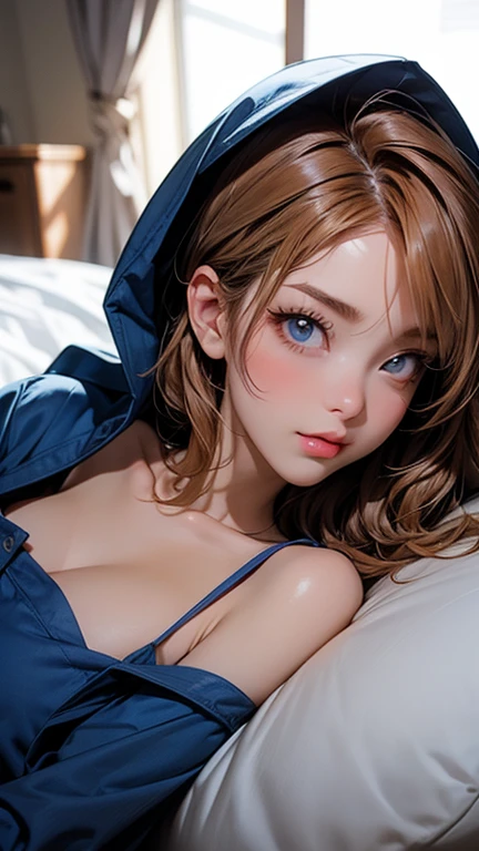 Woman, Brown Hair, Blue Eyes:1.2, Very Large Breasts, Blushing, Black Onsie Pajamas with Bear Hood, Plunging Neckline, (Taking a Selfie)