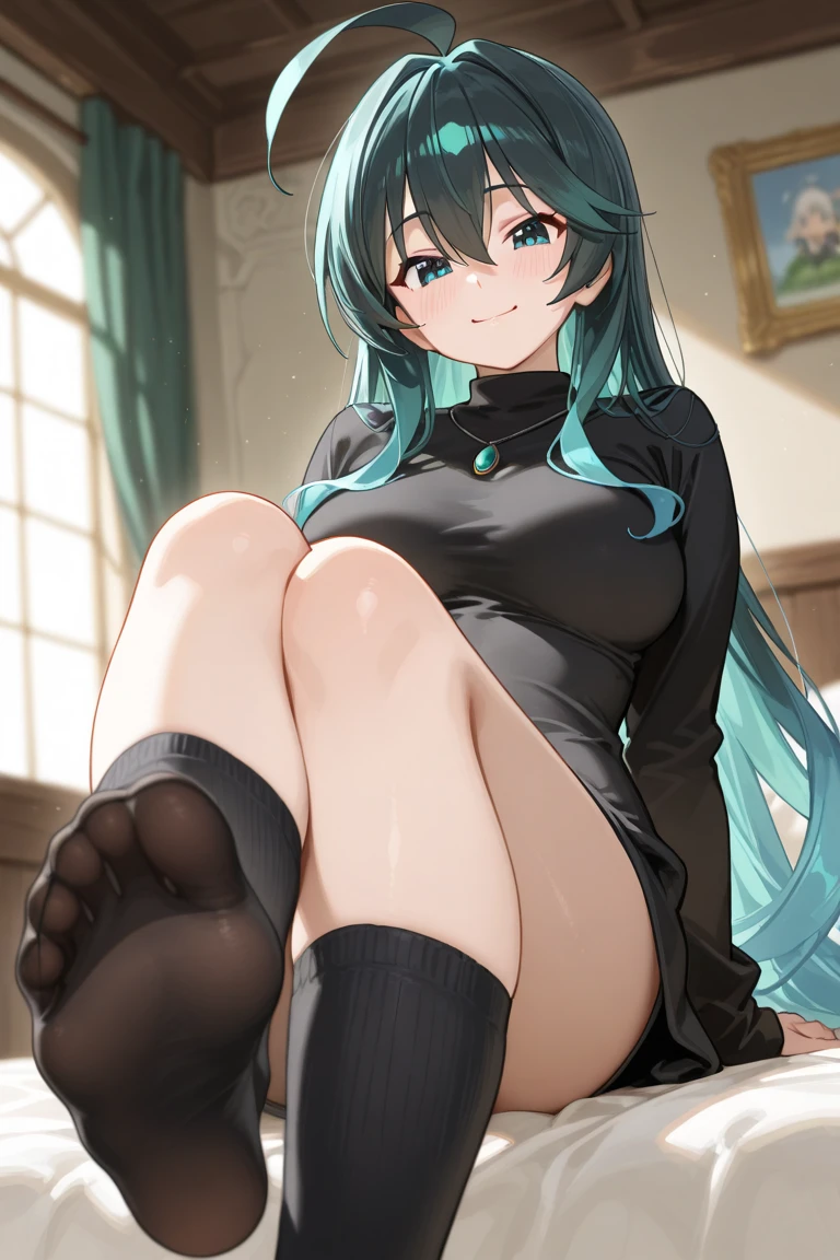 (Epsilon), One Girl, Purple eyes, Blue Hair, Twin tails, Side Lock, Long Hair, very Long Hair, bangs, Medium Breasted, Expensive body, Long legs, smile, (Black Playboy Bunny), (black fake rabbit ears), (Black Pantyhose), (Black high heels), bangs, Mouth closed, View your viewers, Front view, Cowboy Shot, (squatting), spread legs, Put your hands on your hips, indoor