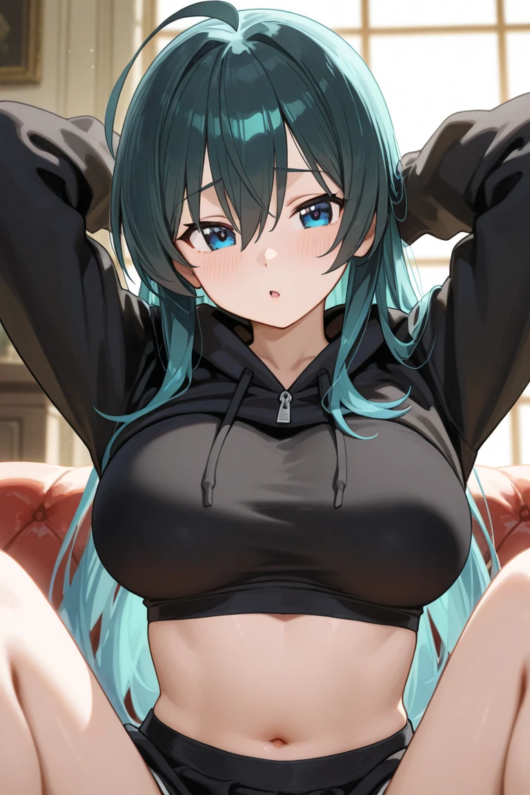 Long Hair, Twintail, Light Blue Hair, Yellow Eyes, Cat Ears, Cat Tail, Big Boobs, Wearing Hoodie, Long Stocking, Nighttime, Wearing Black Gloves, Inside a house
