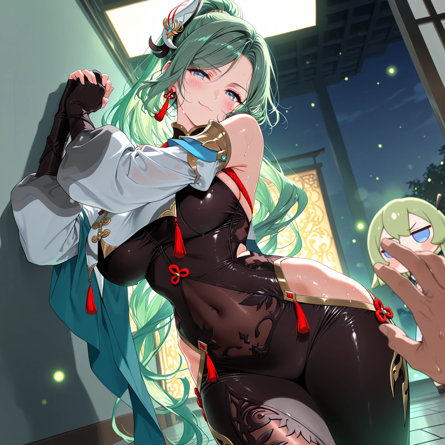 ((masterpiece)), (best quality), beautiful, extremely detailed face, perfect lighting,ultra-detailed,
abs, arm tattoo, bangs, blouse, breasts,hair between eyes, long bangs, long hair, mask, midriff, ninja, ponytail,((string bikini)),, solo, stomach tattoo, tattoo,green eyes,underpants,thong,
buttlift, ass, from behind, ((grabbing own ass)), ass grab, spread ass, standing,ass focus, from below