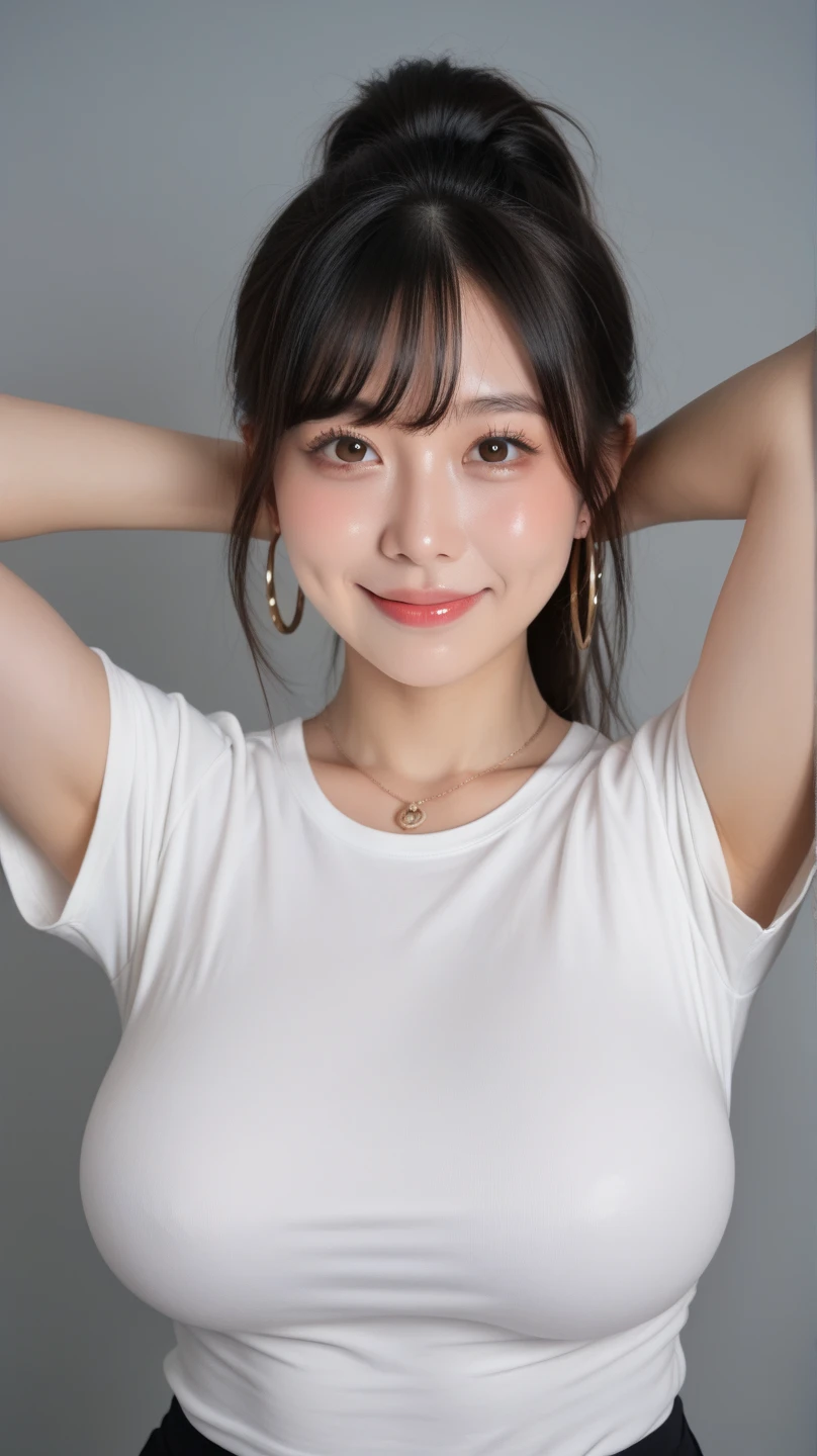 (A hyper-realistic), (illustratio), (hight resolution), (8K), (ighly detailed), (The best illustrations), (beatiful detailed eyes), (top-quality), (ultra-detailliert), (masterpiece), (wall-paper), (详细的脸), a bed、Upper body close-up,Armpit, A smile,Plump,独奏,Girl in a tight white tank top with open chest, full of sweat, japanes, large full breasts, (camel's toe)、huge-breasted、cleavage of the breast、