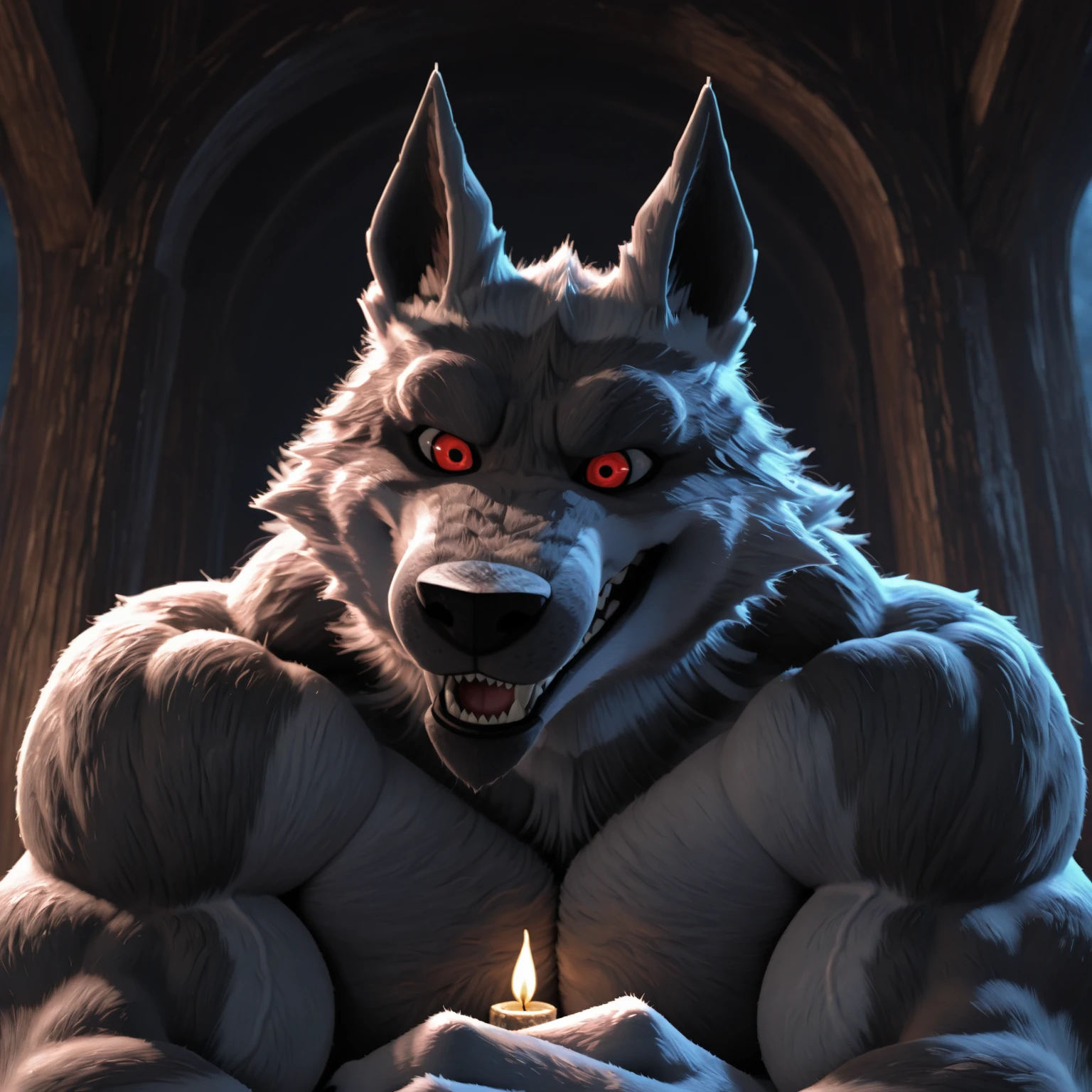 an illustration of the wolf's hand on his lap at night, and three candles burning around him, candle, 1boy, male focus, furry male, furry, abs, solo, candlestand, nipples, muscular, bara, muscular male, pectorals, looking at viewer, wolf boy, tail, no clothes, no underwear, totally naked