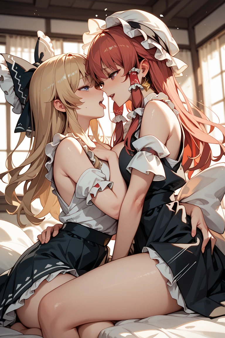 score_9, score_8_up, score_7_up, score_6_up, score_5_up, score_4_up, source_anime, 2girl, bed, red hair, long hair, close eyes, w-w-chains, cuffs, spread arms, kissing, messy hair, yellow shirt, skirt, black thigh high boots, night, dungeon, best quality, best res, 4K UHD,