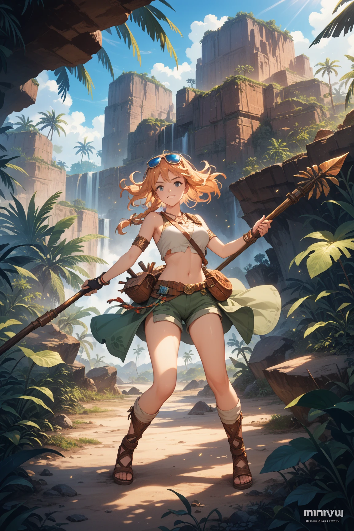 masterpiece, high res, detailed face, detailed eyes, 1 girl, solo,  blonde hair, long hair, messy hair, green eyes, fit, muscular, medium breasts, ((grey fur clothes)), cleavage, cavewoman. wood club, jungle, running, full body, outdoors <lora:Ayla_CT:0.8>