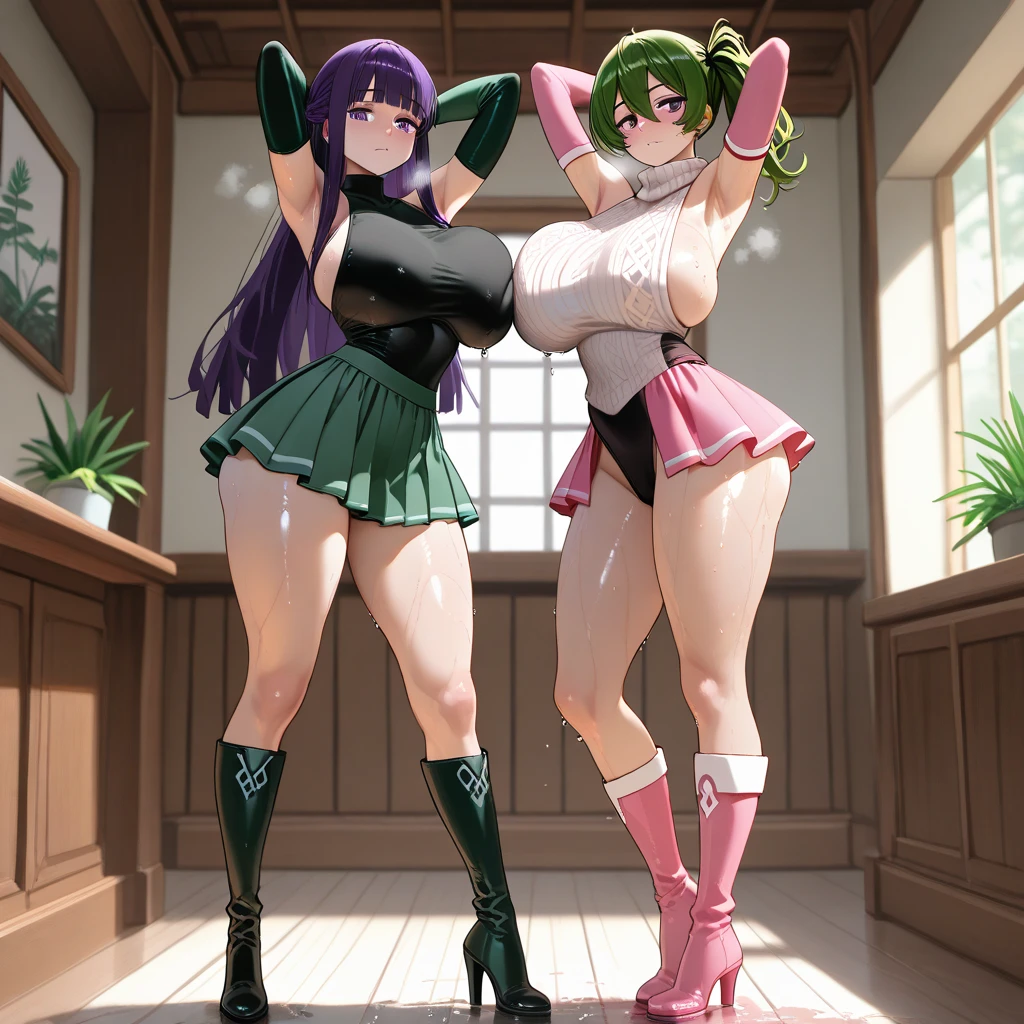 1girl, maomao, blue eyes, blunt bangs, freckles, green hair, hair ornament, long hair,nude, thigh high stockings, red stockings, high heels, red heels, precise hands, precise legs,score_9, score_8_up, score_7_up,score_6_up, score_5_up, score_4_up, BREAK hah_dd, gigantic_breasts, nipples, areola, curvy, wide_hips, thick_thighs,  1girl,  dim_lighting, backlighting,sex, lesbian sex, futanari sex with a woman, horse penis, penis in pussy, huge penis ,standing sex ,standing on one leg,standing split,leg hold,leg lift,