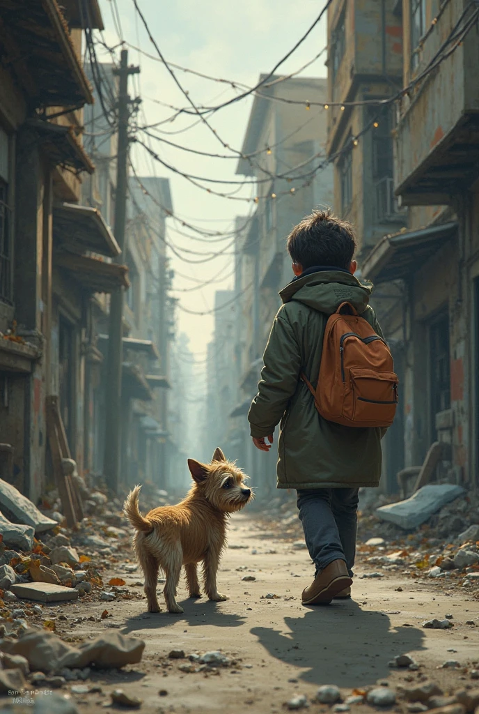 Scared child in post apocalyptic city,8-week-old English springer spaniel puppy,survival struggle,dark and desolate surroundings,dilapidated buildings,crumbling infrastructure,overgrown vegetation,dusty air,murky skies,abandoned cars and debris,ominous silence,petite figure with wide terrified eyes,fearful expression,hair disheveled and dirty,tattered clothing,white feathers gently falling from the sky,distant sound of sirens and occasional rumble of collapsing structures,child holding tightly onto the puppy's leash,desperate search for safety and shelter,handwritten "HELP" sign clutched in the child's other hand,narrow alleys and broken streetlights,closed doors and boarded-up windows,emotional bond between the child and the puppy,shared vulnerability and determination to survive together.
(best quality,4k,8k,highres,masterpiece:1.2),ultra-detailed,(realistic,photorealistic,photo-realistic:1.37),HDR,UHD,studio lighting,ultra-fine painting,sharp focus,physically-based rendering,extreme detail description,professional,vivid colors,bokeh,post-apocalyptic atmosphere,contrast between light and shadow,eerie glow from street lamps,faint glimmers of hope in the child's eyes,subtle reflections in puddles and broken glass,playful warmth in the puppy's fur,contrasting textures of worn-out surroundings and softness of the child's vulnerability.