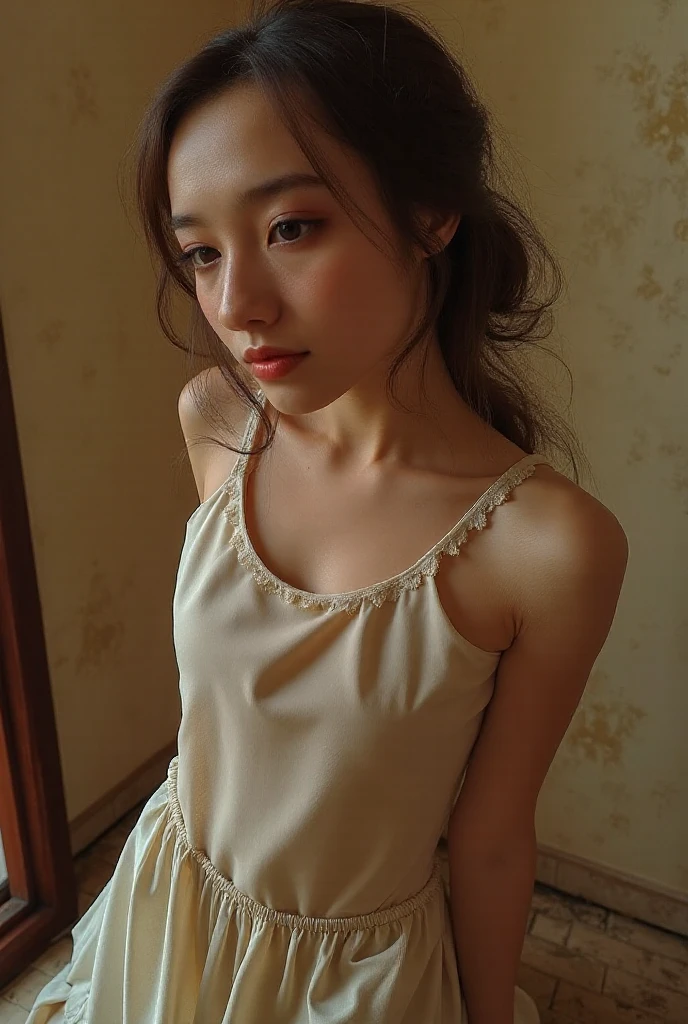 Nordic young woman, Cute face, captivating, Best Quality, Masterpiece, Translucent summer dress, Golden Hour, detailed textures, long braided hair, sitting on bed, posando, 캐주얼 posando, Wooden cottage, Interior, [blush], aesthetic, intrikate, caustics, rays, sunlights, (((soft lips))), (((Glossy Lips))), highly detaild, (semi-realistic:1.2), Niludev, Red hair