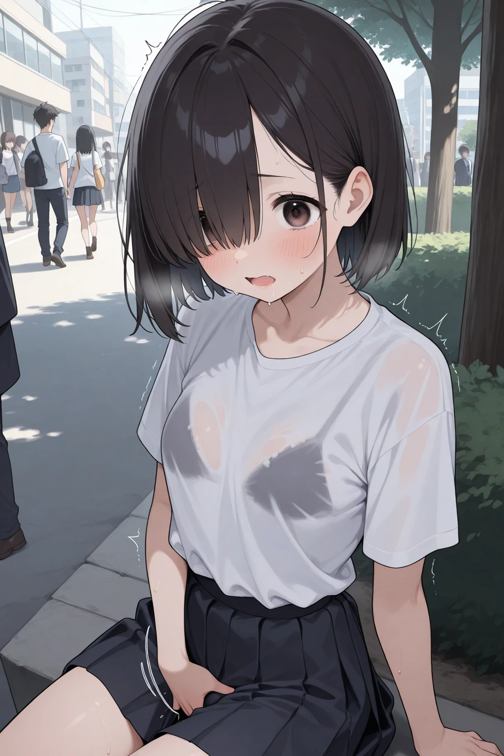 Super absurd quality by the god of art, super detailed, High resolution, anime moe art style, Best Anime 8K Kona-chan Wallpaper, pixiv contest winner, perfect anatomy, break,(NSFW,Please draw a picture of a girl wearing transparent clothes soaked in the rain., take shelter in the shade of a tree.),break,1 girl, Krukkmovus,All limbs, full finger, The charm of an immature body, (very short hair), hair above one eye,bangs, flat chest, Small Bodysuits, small ass, between legs, small black eyes, detailed and beautiful eyes, Well-proportioned iris and pupils, expressive eyes,High resolutionの詳細な髪, ((Wet,see-through tank top:1.2))plaid skirt, white stockings, Goggles on hat, have,(I can see the nipples:1.5), blush, Rainy, in the park at night,break,super dense skin,shiny skin,Best lighting by famous artists, 8k,cute illustration.photoshop_(Moderate),Absurd Hi-Res,