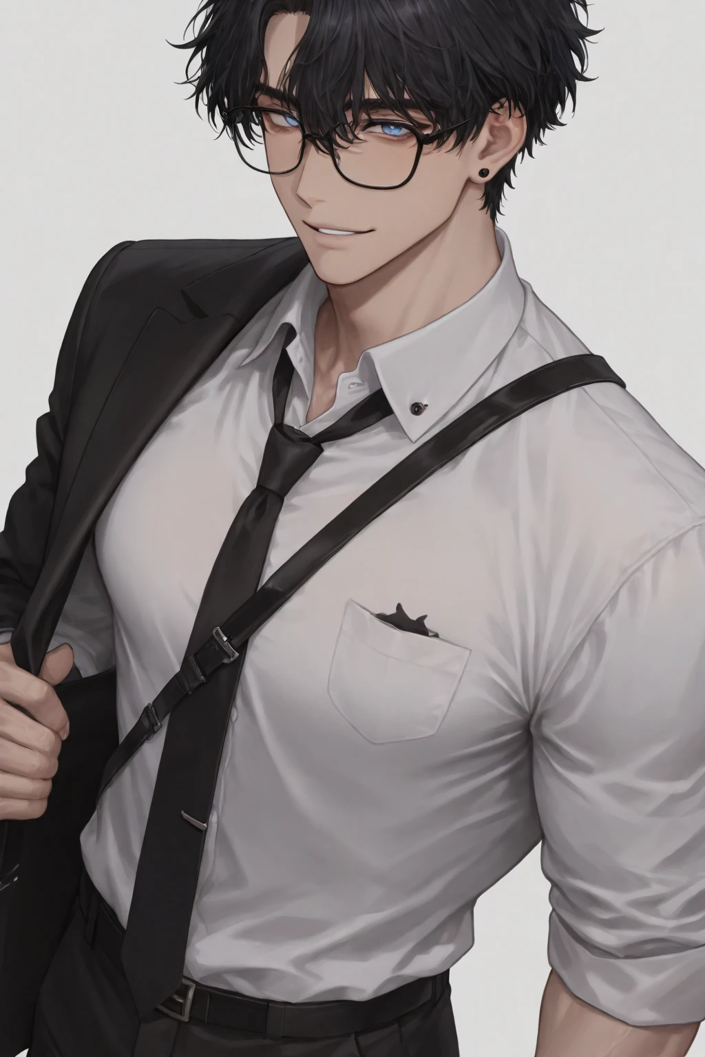 best quality, masterpiece, extremely detailed, handsome muscular young man, skinny build, messy curtain bangs, thick-rimmed glasses, fitted college uniform, bulging, standing in front of classroom, empty blackboard in the background, tilts head adorably, very innocent smile, wearing a collar on the neck, arms tied behind his back with chains, a ball gag strapped around his mouth blushing, hands touching his body, gay, homoerotic, romantic atmosphere, ambient lighting, extremely dramatic shadows, perfection, no watermark, no logo, no signature
