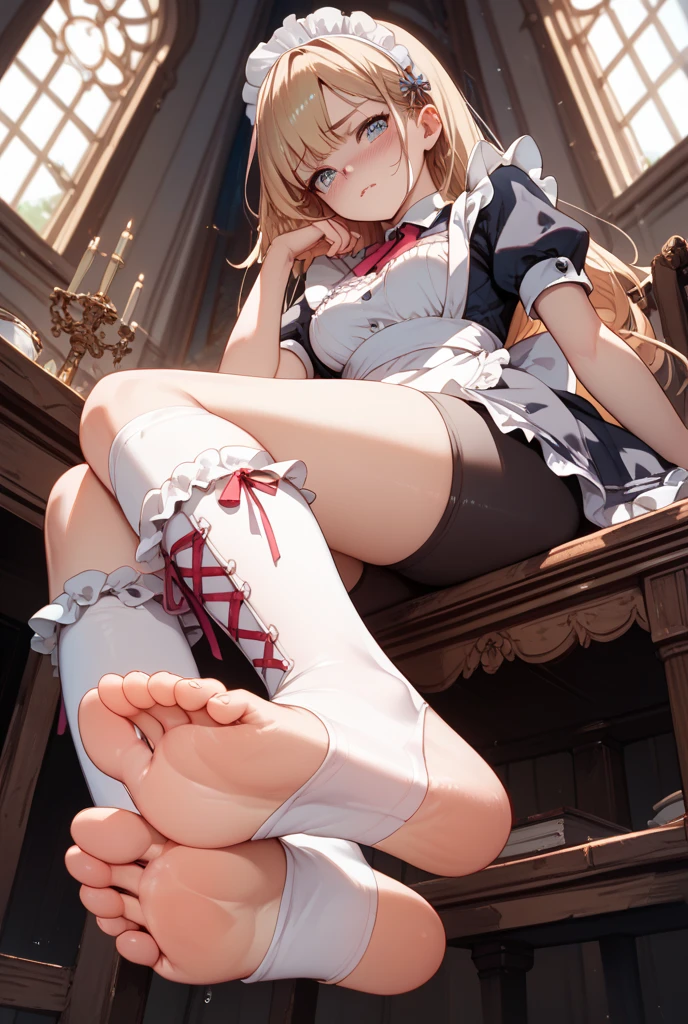 1girl, Kitagawa Marine, sono bisque doll wa koi wo suru，White garter stockings，Sitting，throne，masterpiece, best quality,1girl, makima \(chainsaw man\), chainsaw man，Sexy thighs, Look from the feet, Soles, , very beautiful、White garter stockings