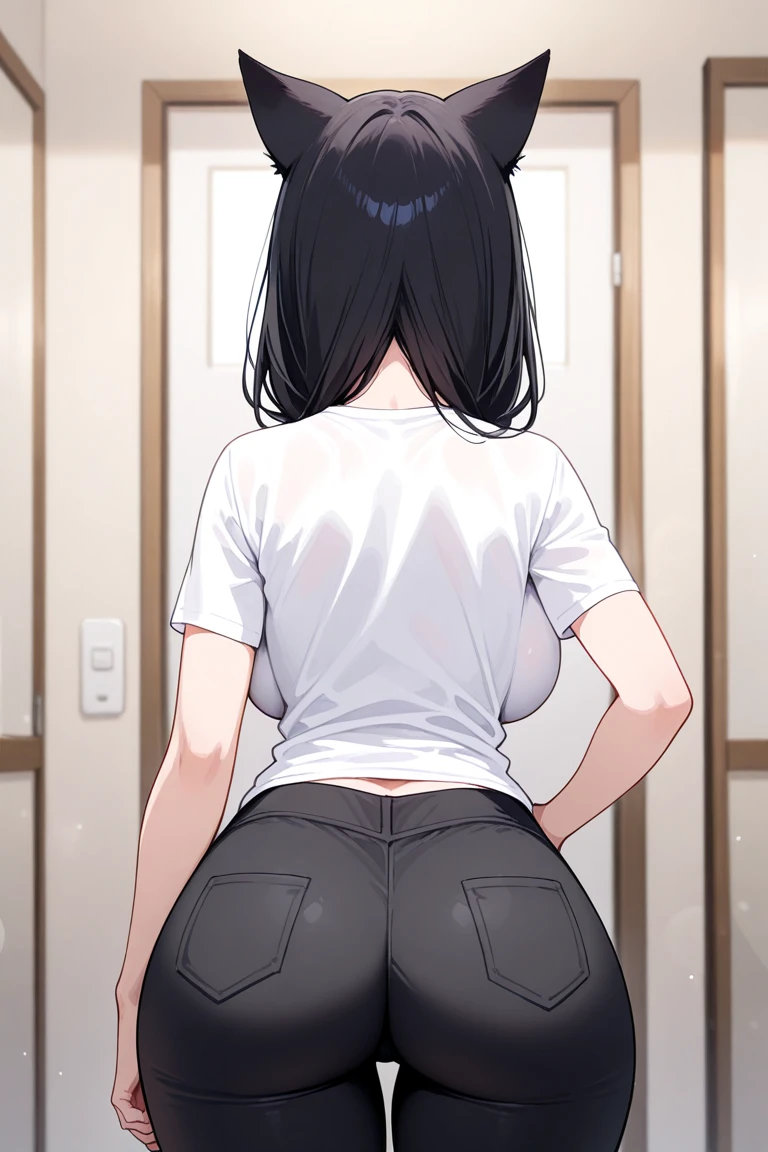 (masterpiece, best quality:1.2), 1girl, solo,standing_split,( from behind:1.5),look back,turn head,
balck short hair, white Sleeveless vest, denim jeans,standing split,stand on one leg