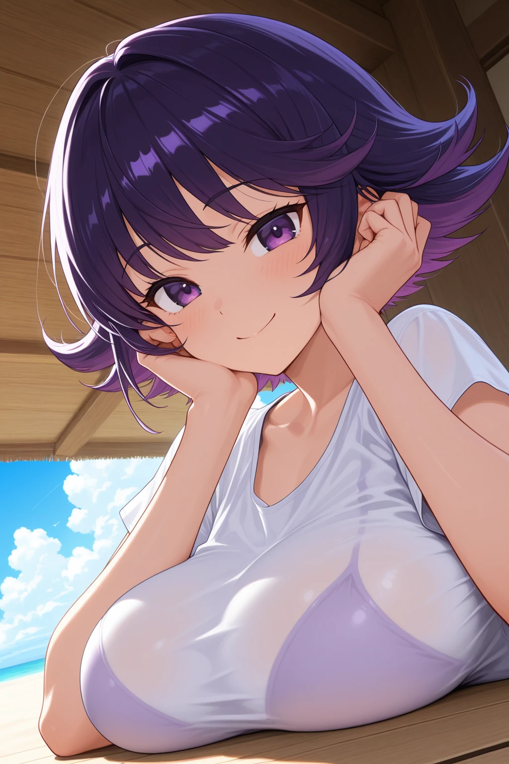 masterpiece, best quality, ufotable style, 1girl, solo, toyokawa fuka, short hair, messy hair, wavy hair, dark blue hair, antenna hair, brown eyes, white crop top, latex shorts, large breasts, wink right, looking at viewer, no background, white background