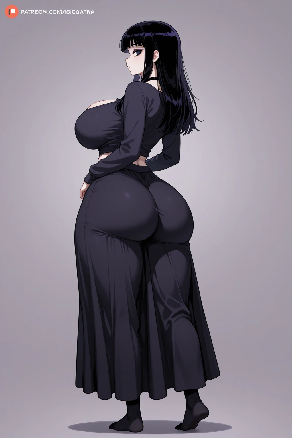 A stunning African woman with loose black hair cascading down her back, dressed in a stylish black turtleneck and tight blue jeans, stands against a dark background. Her curvy figure is accentuated by her wide raised buttocks and large busts facing forward. The contrast of her dark hair against the black background creates a striking image, drawing the viewer's attention to her powerful presence.