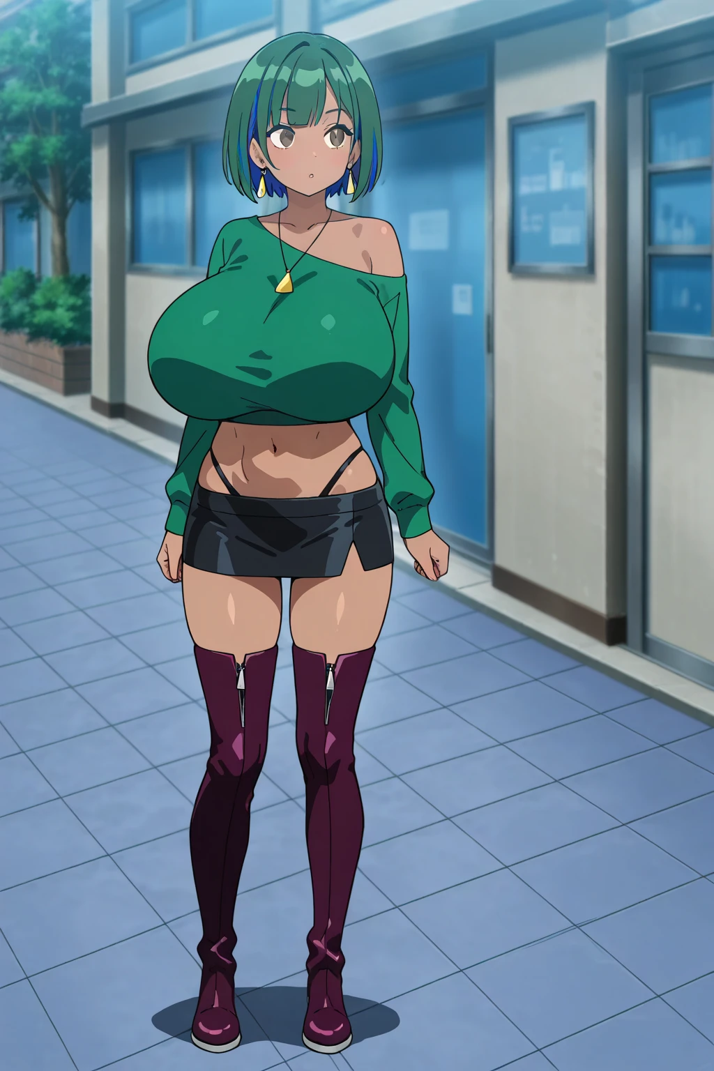 1girl, solo, green hair, short hair, green eyes, one-piece swimsuit, arms behind back, pussy line, huge breasts, white thighhighs, smile, absurdres,
