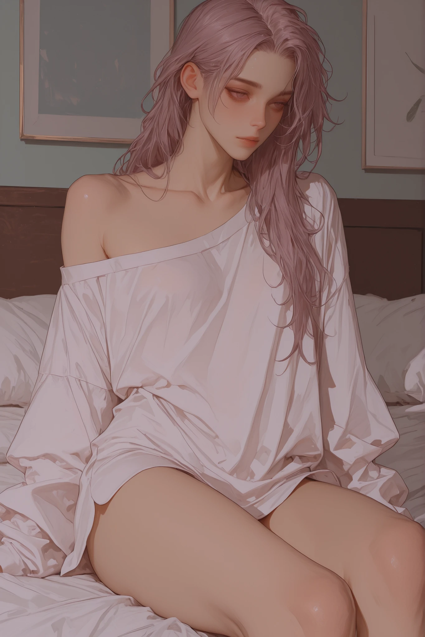 (((on the beds、Woman sleeping face down)))、((posterior view))、(The back visible)、(Sleeping face down)1 girl, Silver hair, striated hair, Bangs, Blunt bangs, Long hair, Pink hair, aqua eyes, longeyelashes, Purple eyes, makeup, Smile, Parted lips, Realism, Verism, surrealism, depth of fields, One-person viewpoint, F/1.8, 135 mm, canon, nffsw, retinas, masutepiece, ccurate, Anatomically correct, Textured skin, Super Detail, high details, High quality, Best Quality, hight resolution, 1080p, hard disk, 4K, 8K、(Coarse short sweater)Floats off the shoulders、off shoulder body angle))、(stick out buttocks)((sexypose))、(camel's toe),((No skirt))、(camel's toe),( tongue、Vaginal orchids)、shinny skin。realisitic、Photorealsitic:1.37)、(Kpop Idol)、Medium Hair、(Pink blush)、(illuminating)、(独奏)、dynamicposes (Slim legs)、erotick、nffsw、Highly detailed ambient occlusion、超A high resolution,