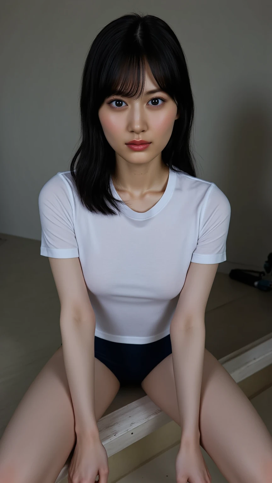 ((Perfect Anatomy:1.3)、(Complete Hand:1.3)、(face it head on)、Realistic、RAW Photos、Tabletop、highest quality、High resolution、Delicate and beautiful、Perfect Face、Beautiful details、Fair skin、Real human skin、pores、((Thin legs))、(Black Hair):1.2), 8k, Standing half-length 12-year-old girl, 85mm,公式AR RAW Photos, Super slim slender beautiful girl、Plain white short sleeve T-shirt、Full lower body nudity、Exposing groin and genitals、Shooting looking up、