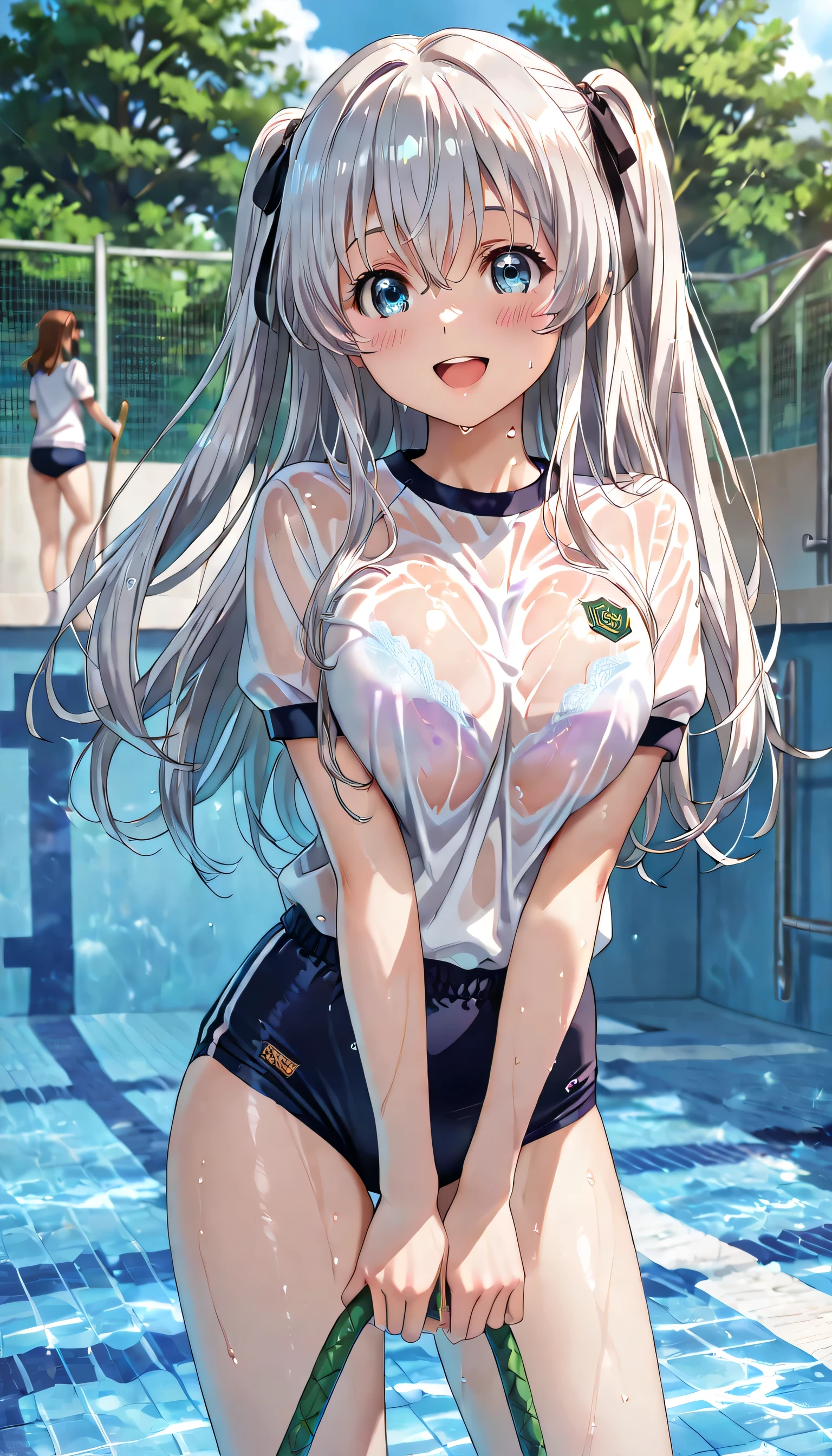 ((ultra-detailed)), (highly detailed CG illustration), (best quality:1.2), ultra-highly detailed, colorful composition, artistic photoshoot, 1girl, solo focus, thigh to top, cowboy shot, moe anime character, age girl, round face, rounded chin:1.2, celia-default, celia claire, blue eyes:1.3, sagging eyes:1.3, silver hair:1.3, long hair, two side up,  hair ribbon with black, ample breasts, white gym uniform with Navy blue rim:1.3, navy blue school gym buruma, wet clothes, wet body:1.3, sweat:1.3, smile:1.3, happy:1.3, joyful:1.3, blush:1.2, open mouth:1.2, standing in a empty pool:1.3, school pool, cleaning the bottom of the pool, detergent foam, holding the deck brush with right hand:1.3, wipe the sweat on forehead with left hand:1.3, from front, from below:1.2, dynamic pose:1.4, contrapposto pose:1.3, best quality, expecting, pink cheek, blush, light pink gloss slip, portrait, depth of field, hot:1.3, the sun is pouring down:1.3, Glittering sunlight:1.3, Backlight:1.3, shine, lighting, caustics, ray tracing, perfect face, lustrous skin, highly detailed face, highly detailed eyes, perfect face, perfect nose, perfect hair, perfect eyes, perfect anatomy, beautiful hair, beautiful small face, extremely detailed face, beautiful detailed eyes, beautiful clavicle, beautiful body, beautiful huge breasts, leavage, breasts squeezed together, equalize the size of the left and right breasts, beautiful thin thighs, beautiful legs, beautiful fingers, (4 fingers), 1 thumb, lovely, (very detailed background:1.0), (highly detailed background:1.0), summer aesthetic, intricate details, joyful atmosphere, summer colors palette, chromatic aberration