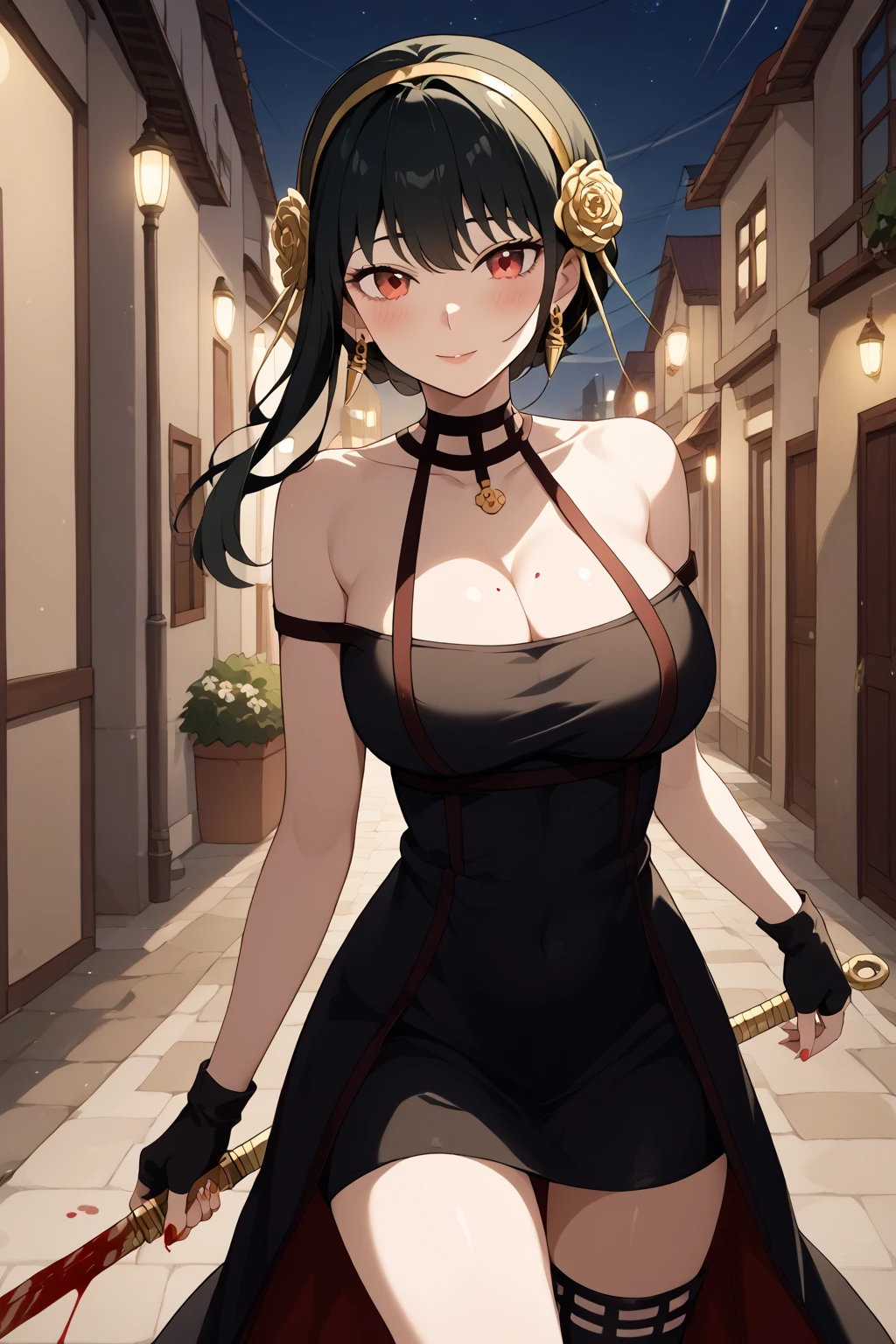 masterpiece, best quality, highres, aayorf, sidelocks, gold hairband, hair ornament, red eyes, gold earring, large breasts, choker, bare shoulders, black dress, two-sided dress, fingerless gloves, thigh boots, cowboy shot, standing, field, from side,