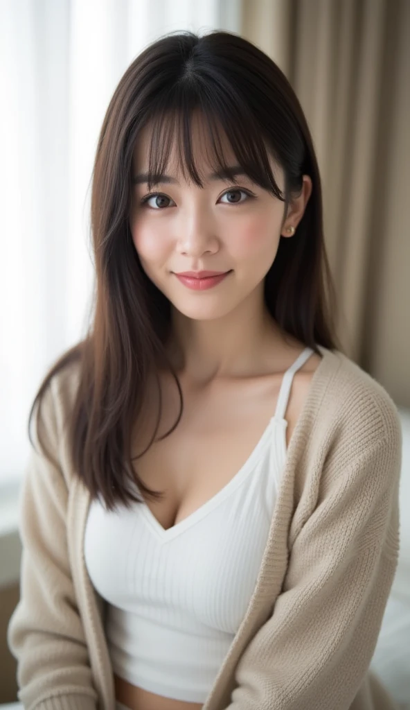 best quality, face focus, soft light, ultra high res, (photorealistic:1.4), RAW photo,(Shinozaki Ai),
1japanese girl, solo, cute, kawaii, smile, (pupil, lights in the eyes), detailed beautiful face, (busty),(high resolution detail of human skin texture),(long hair),(portrait), chest up, white traditional kimono, in the bedroom,