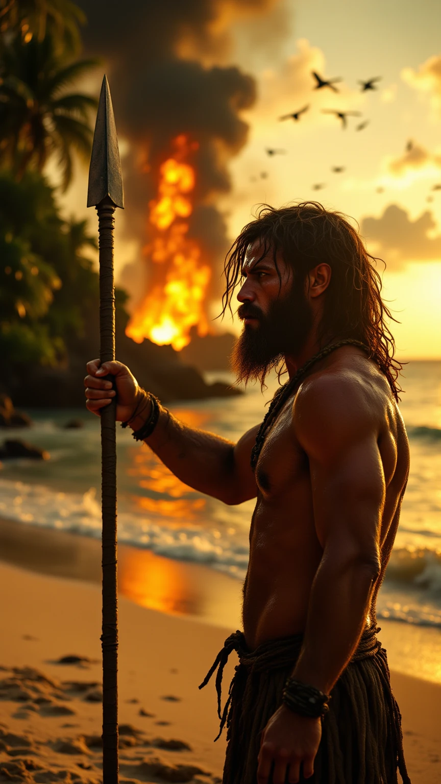 There is a strong, hairy, bearded, very hairy mixed-race man in red underwear at the end of the road with forest on both sides and in front of it an incredible white sand beach with several people on the banks of a brown water lagoon..