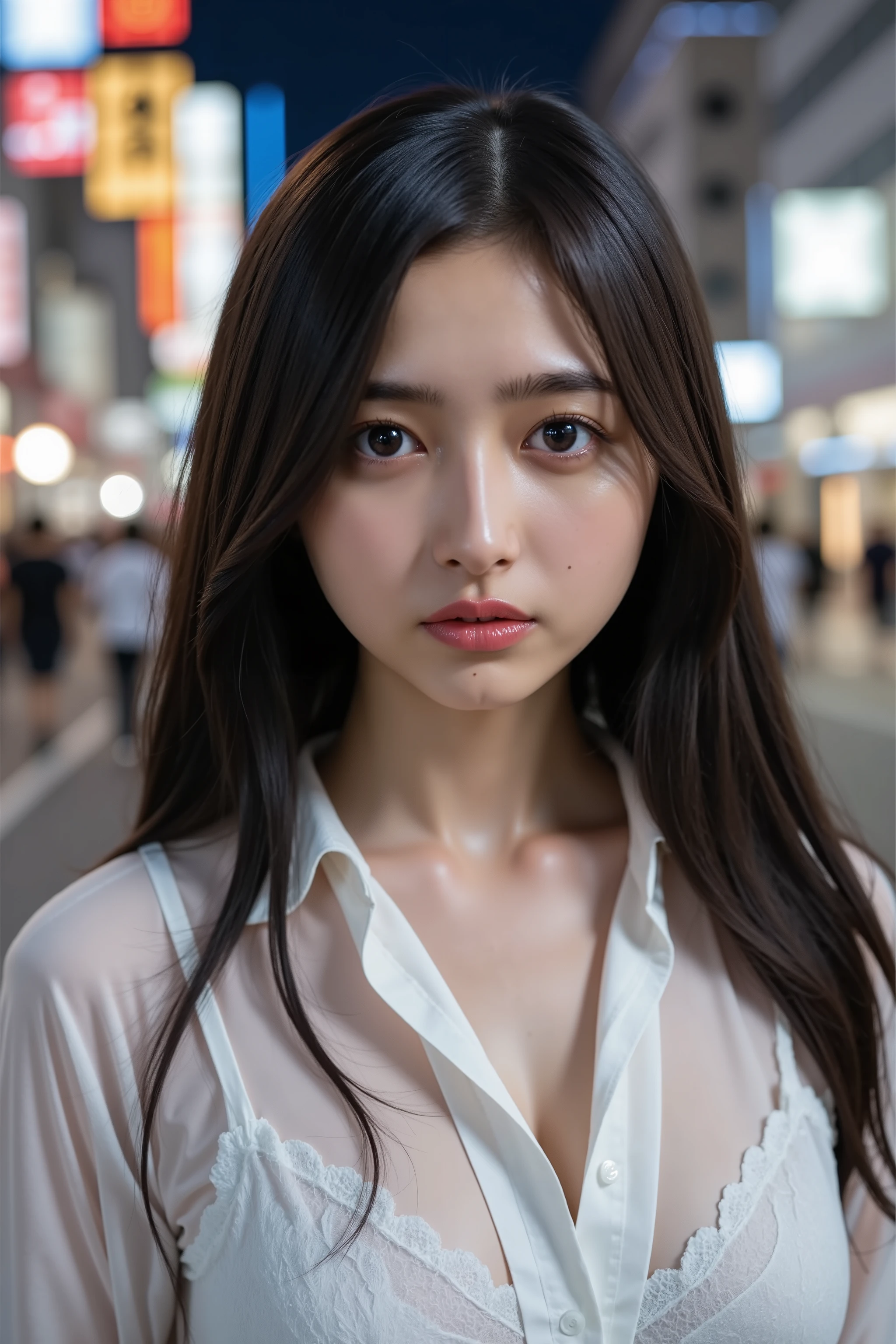 32k, Masterpiece, top quality, (Beautiful Woman) dark hair, sleek, intense gaze, red lipstick, subtle eye makeup, sophisticated, powerful, soft lighting, even lighting, high-quality image, sharp details, clear focus, Her expression is serious and somewhat intense, with a direct gaze at the camera.
front open shirt, transparent, pure, This photo shows a cute Japanese woman, The image is of very high quality, with clear skin texture. The focus is on her face. The focus is very sharp. ultra detailed, thin waist. white lace panties. Her whole body is in the picture. Her facial expression is sexy. smile, She is facing forward. She has shiny black hair. Her skin is beautiful, fair, finely textured, and even. Her breasts are large and firm. upper body, Shibuya shopping street at night,