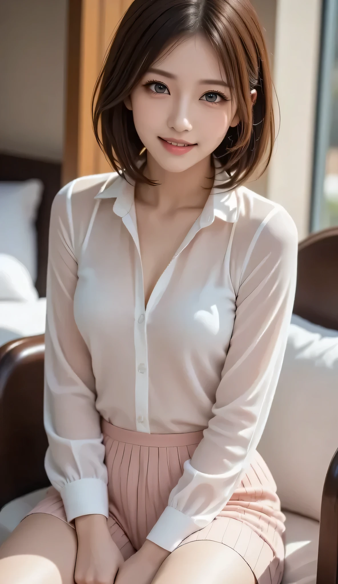 masterpiece, best quality, ultra quality, high quality, realistic, photo realistic, warm lighting,natural lighting,cinematic lighting,RAW photo, hyper detailed, intricate detailed, perfect anatomy, Fujifilm XT3,1girl,Japanese,(slender abs:1.3), hairy pussy,camel toe, Black very short bowl cut hair with blunt bangs, (from front:1.1),(look at camera:1.1),smile,(blushing:1.3),teary eyes,(standing:1.2),bedroom,(mideum shot),(Glasses),(smile),(no bra,braless:1.3),(wearing collared white blouse:1.3),(wearing striped panty:1.3),(wearing tartan check skirt:1.3),braless,