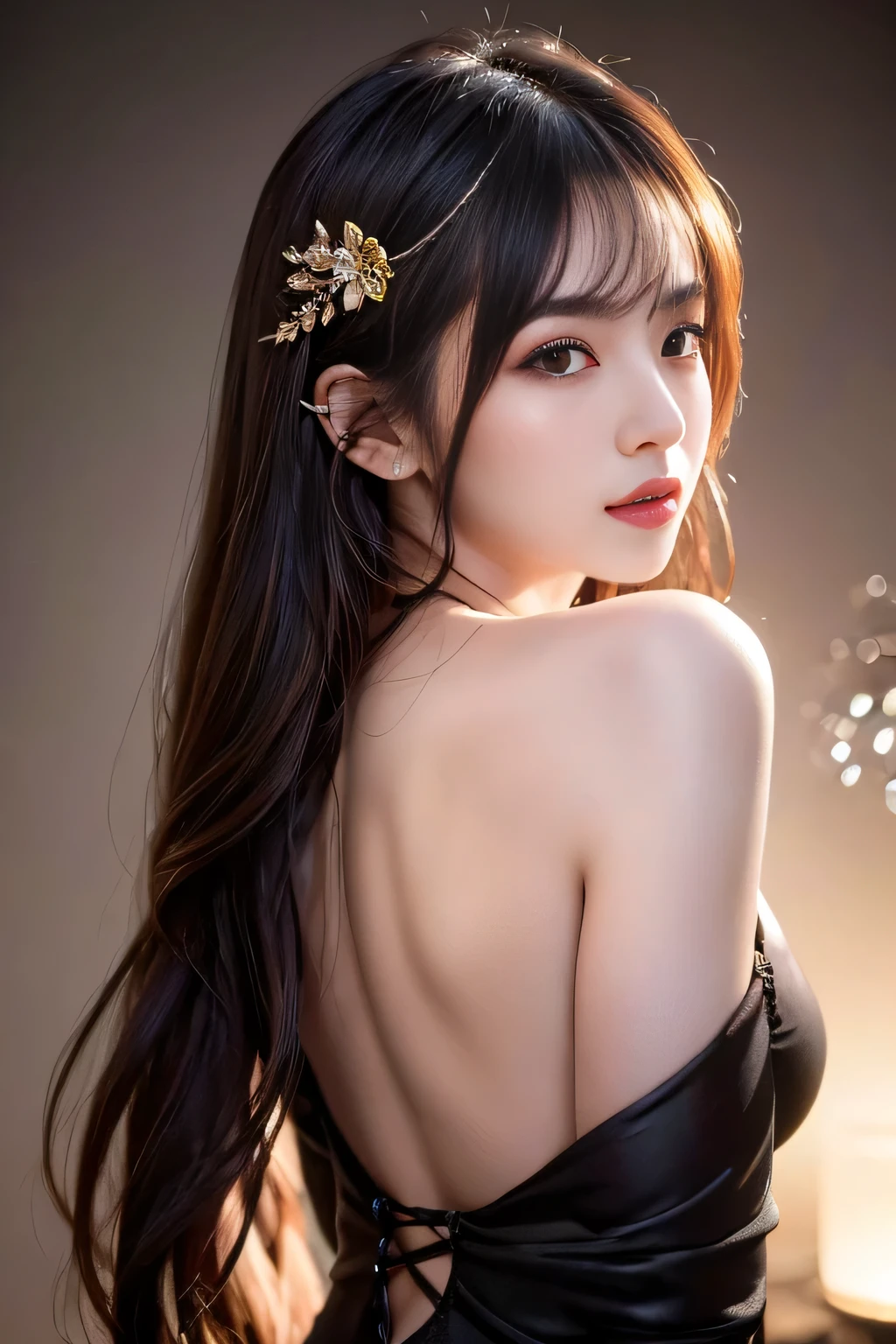 beautiful woman, narrow waist, perfect figure, beautiful eyes, long eyelashes, lustrous lips, perfect body, beautiful skin, (best quality,4K,8K,highres,masterpiece:1.2),ultra-detailed,(realistic,photorealistic,photo-realistic:1.37), cinematic scene, beautiful smile, fashion model, long chestnut hair, attractive clothing, beautiful ornaments、nice black dress、Combat Ready