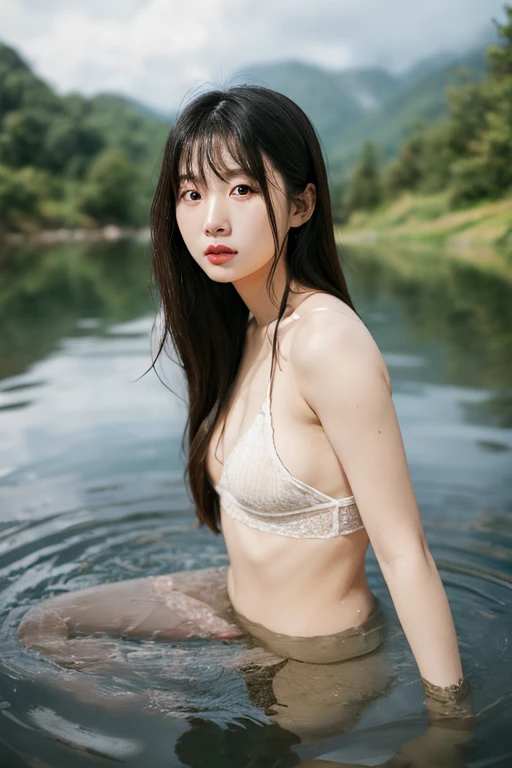 (original style, masterpiece, best quality, Super detailed),Shirtless,Big breasts, beautiful night, delightly, clear sky, analog style, (Texture, film grain), Light, 侧Light, ultra high resolution, full body shot