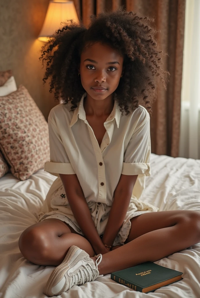 (photorealism:1.2), beautiful 14 year old ebony, nude, sitting on bed, wearing loose off-shoulder top, pajama pants, long curly hair, indoors, soft lighting, plants in background, window with sunlight, cozy room, relaxed pose, realistic, intricate details, warm colors, by Greg Rutkowski, by Alphonse Mucha