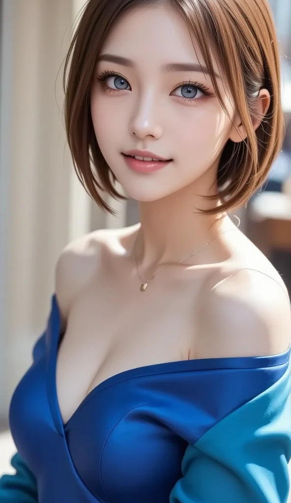 (photorealistic, 32k, RAW photo, best quality: 1.5), (masterpiece:1.3), (absurdres, attractive, ultra high resolution, ultra realistic, highly detailed, golden ratio, ultra detailed, super fucking beautiful detailed face), natural makeup, detailed cloth texture, detailed hair texture, beautiful detailed fullbody, Perfect female body, accurate, Anatomically correct, Highly detailed face and skin texture, (beautiful hands), (realistic skin), (beautiful pale skin:1.1),  (Perfect dynamic composition, looking at viewer:1.3), (full body shot:1.3),  ((princess, gorgeous and soft Ultramarine evening dress, Elegant Necklace, Glittering Tiara:1.4)), 
BREAK, 
realistic eyes, beautiful detailed eyes, symmetric eyes, Light Brown eyes, Double eyelids, Thin eyebrows, (Glossy lips:1.4), ((A face with waiting for a kiss, Shy Smile:1.2)), (blush:1.1), 
BREAK, 
((short hair, bob, Dark blonde hair, bangs:1.2)), (Sunny early morning, Standing on the castle balcony:1.3)