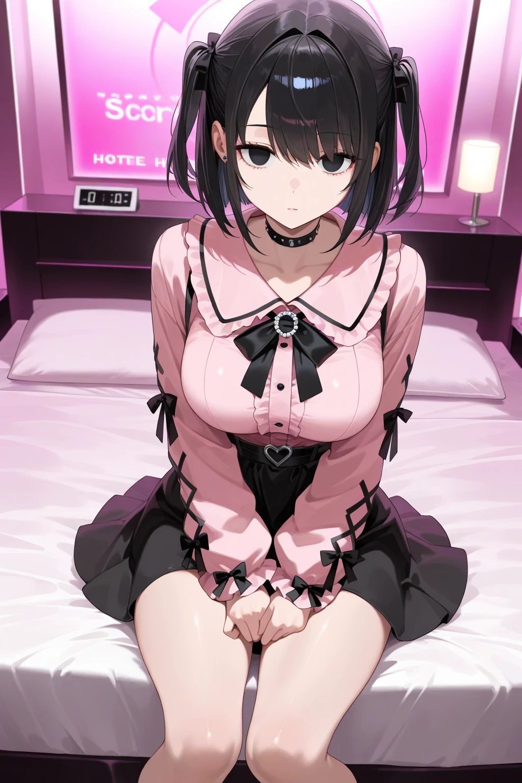 Hands behind back,Tied with hands behind back,lick,open mouth,tongue out,cum on tongue,1girl,(((((12-year-old girl))))),(((((Short,))))),slender,small breasts ,front face,from front,front view,looking at viewer, looking ahead,from above,cowboy shot,Black Hair,Long Hair,two side up,Gray Eyes,Drooping eyes,slit pupils,narrow eyes.Mischievous smile,Sheer black and toffee pink negligee,lingerie,Kneeling,Straight Stand,Collar with leash,Dimly lit room,On the bed,Simple Background,Gray background,Dim lighting,Beautiful and detailed anime art