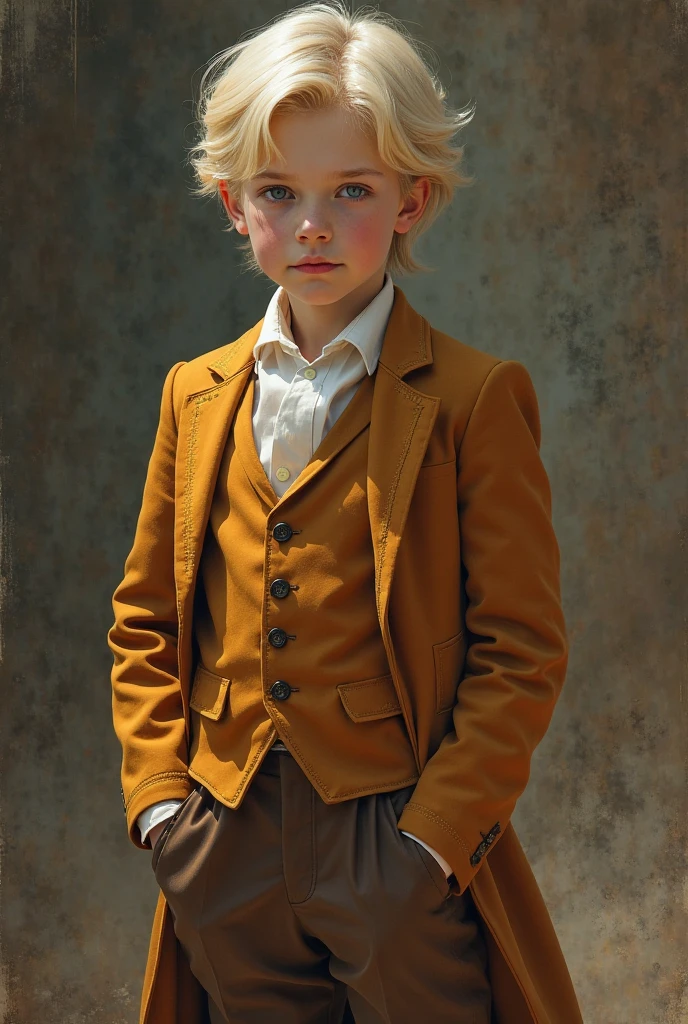 Blonde boy in a dark green vest and black suit with gold designs 