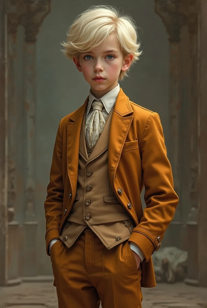 Blonde boy in a dark green vest and black suit with gold designs 