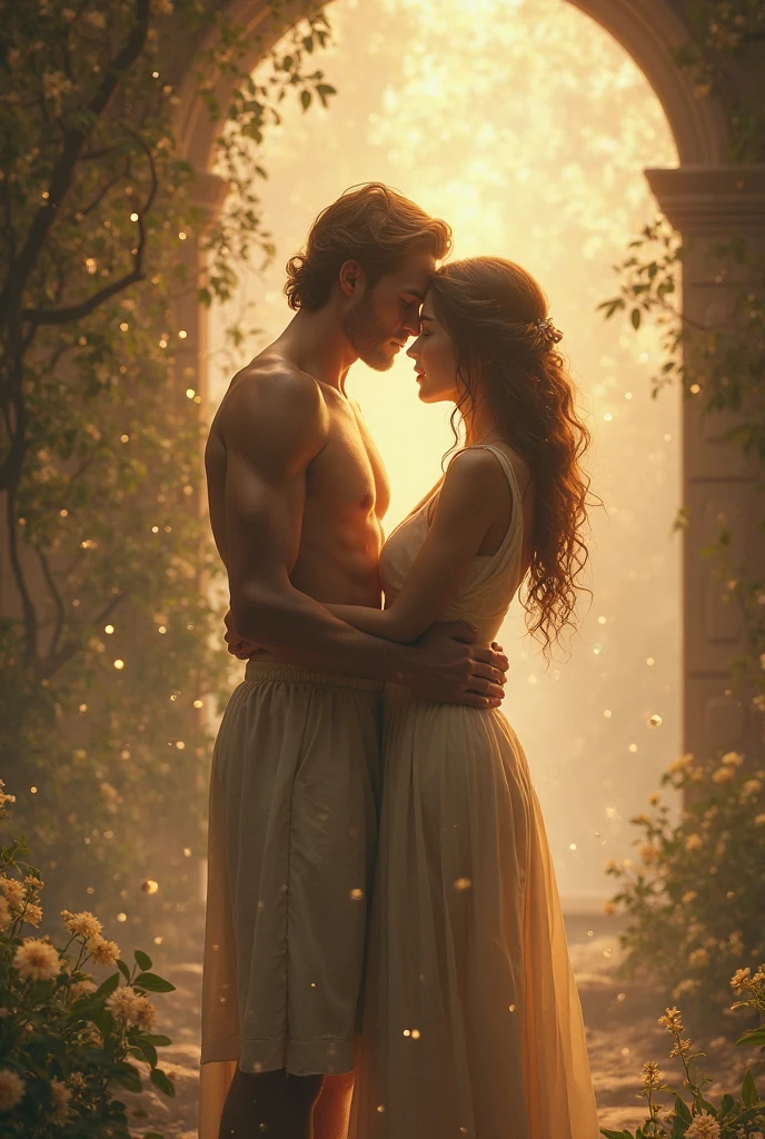 Perfect tall and handsome king with dark short hair and beautiful princess with so long blonde hair together in the natural waterfall swim together kissing and behind them have big pink luxury castle from far away