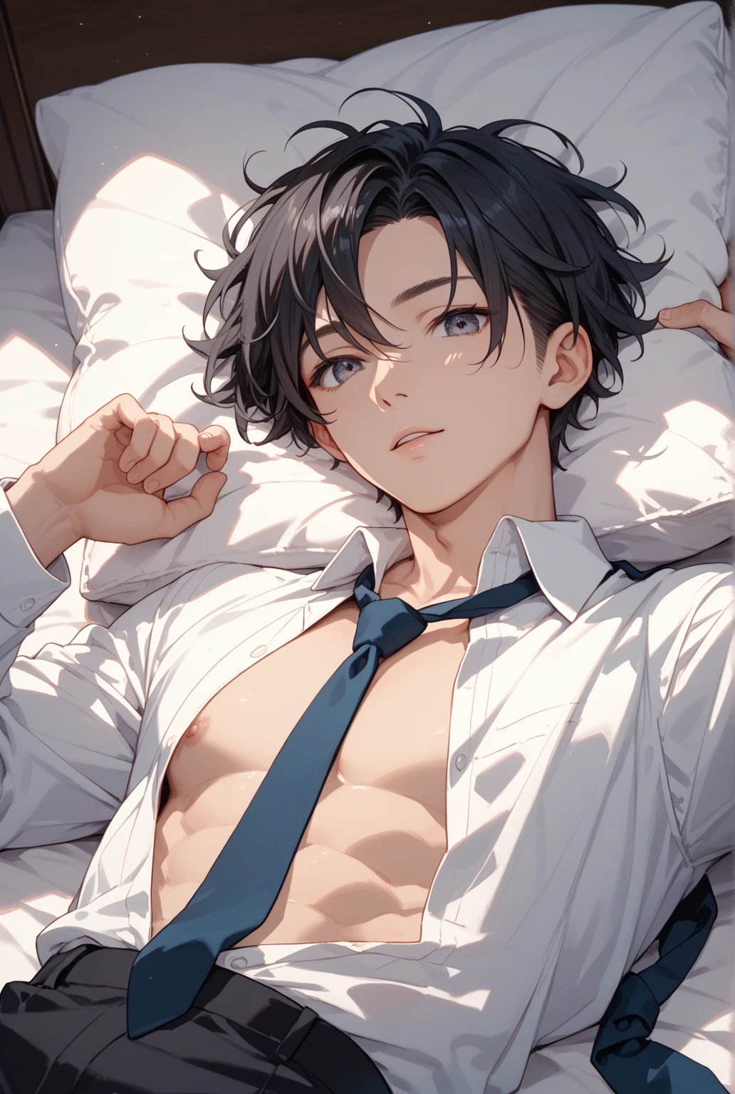 masterpiece, best quality, ultra detailed, (solo man), (male focus), ((Oblong face)), ((Square jawline)), black hair, ((hairs between eyes)), ((shoulder length)), ((narrow blue eye)), fair skin, skinny body, beauty mark, nsfw, wet skin, bed, 1boy, pennis, deepthroat