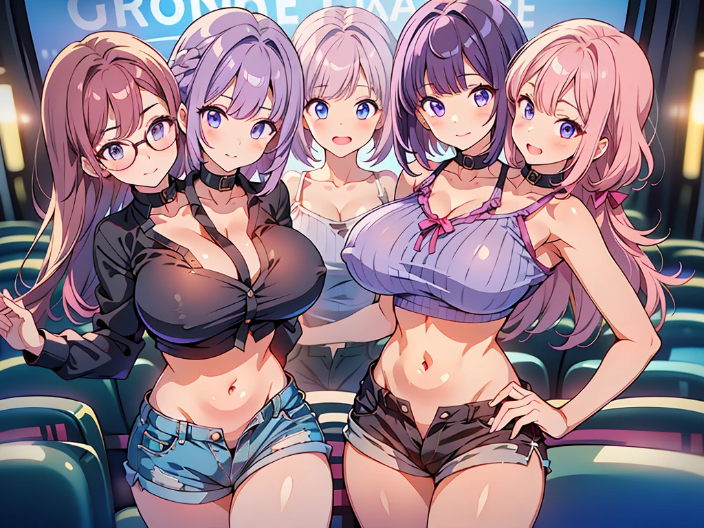 (best quality,4K,8k,high resolution,masterpiece:1.2),Super detailed, anime style, vaporwave aesthetics, line art, 2 girls,Squeeze each other,huge breasts, bimbo, Slim thicc dead:1.5, Red and black lace bra, Purple and pink background, become sunny, posture:1.5, Wearing large headphones, dead, seductiveexpression:1.2, Smile